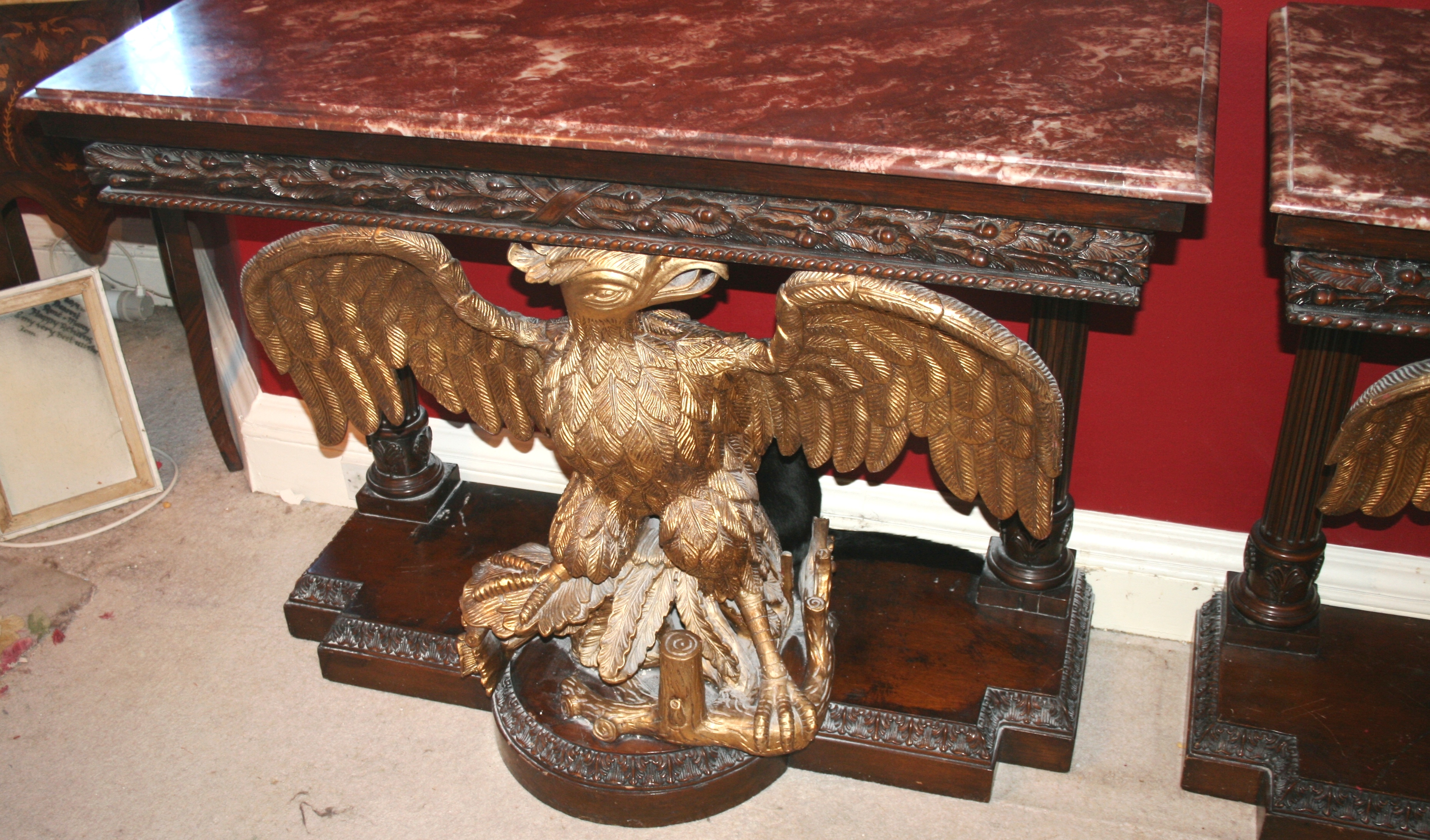 Pair of Marble Topped Mahogany & Giltwood Eagle Console Tables