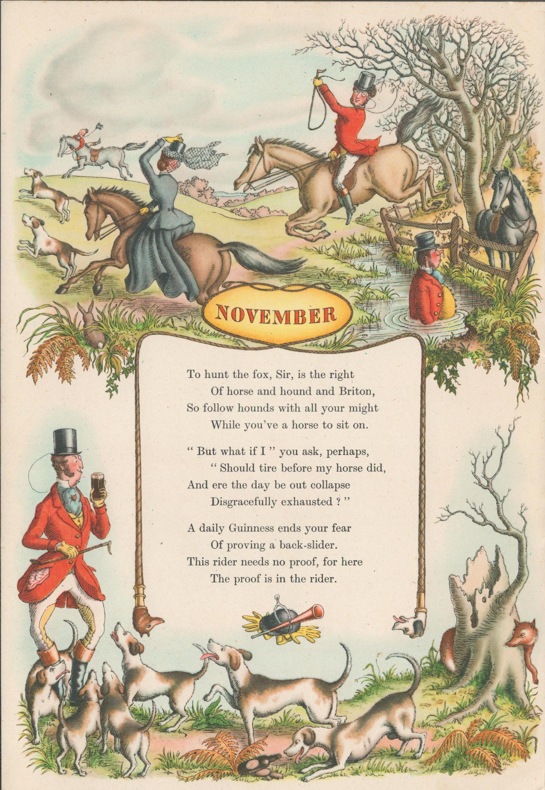 Double Sided Guinness Print 1952 " Rugby & Hunting"A Genuine Double Sided Lithographed Colour