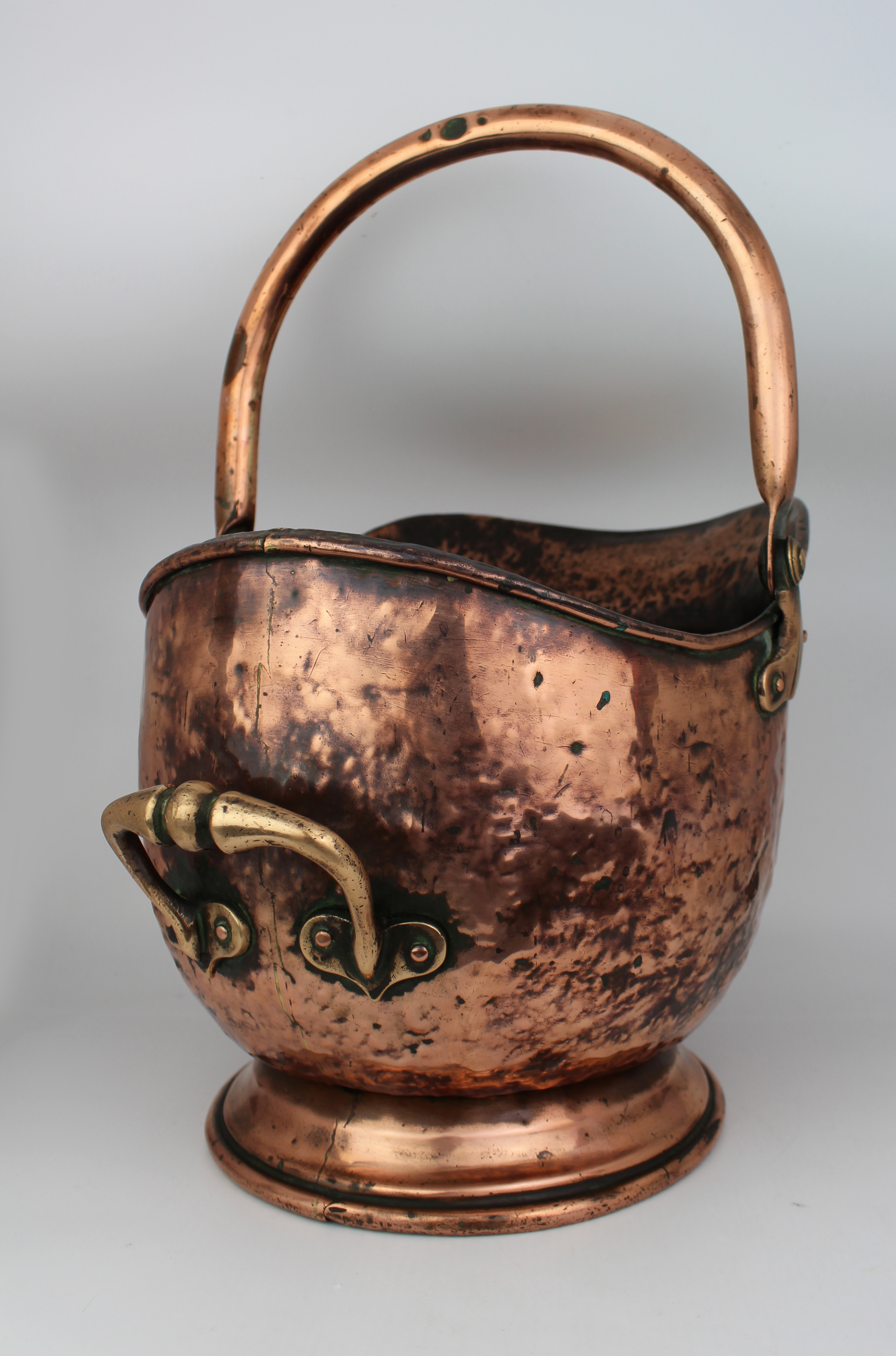 Victorian Copper Helmet Coal Scuttle with Brass Mounts