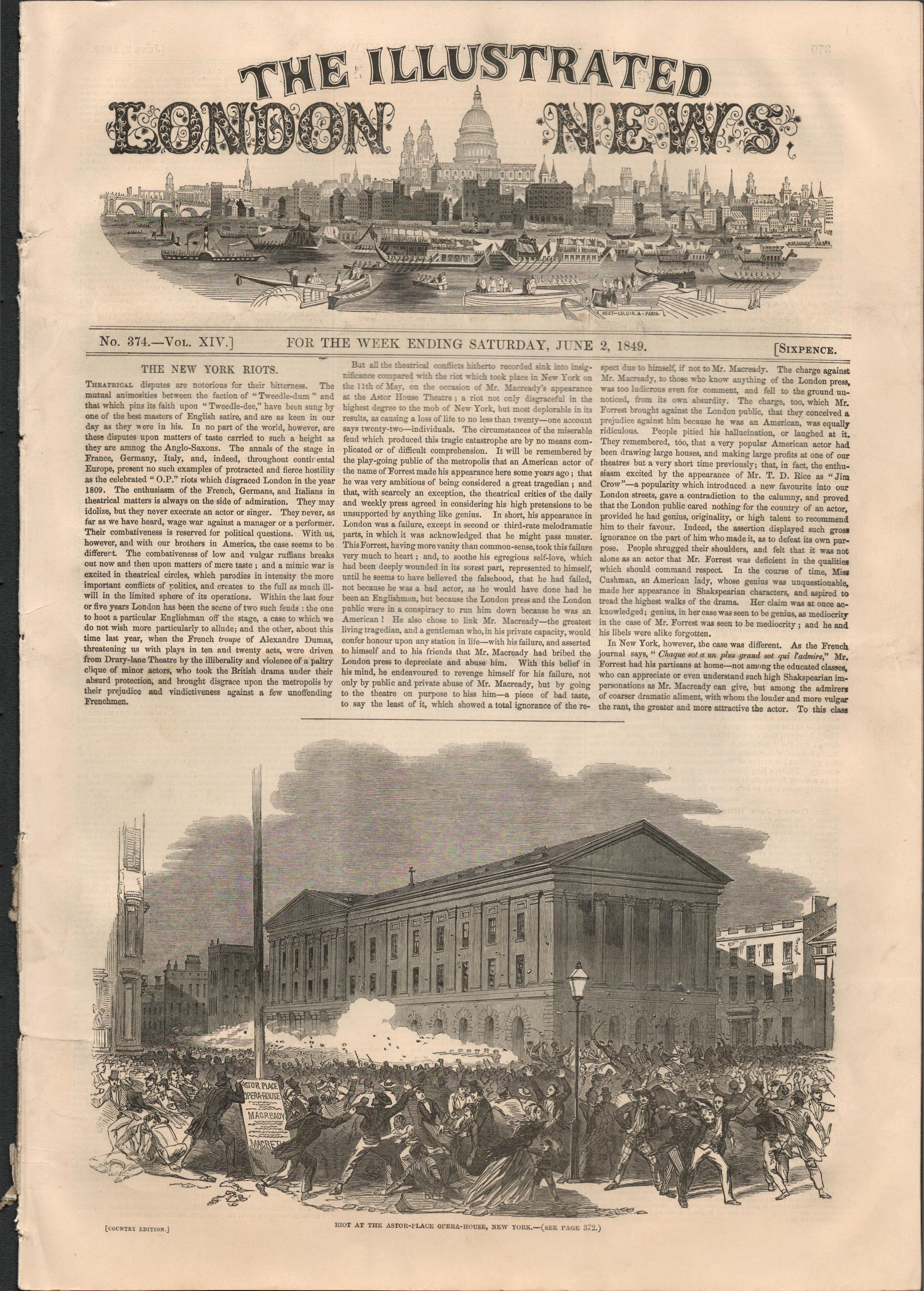 New York Manhattan 1849 Riots Antique NewspaperAntique Complete Edition The Illustrated London