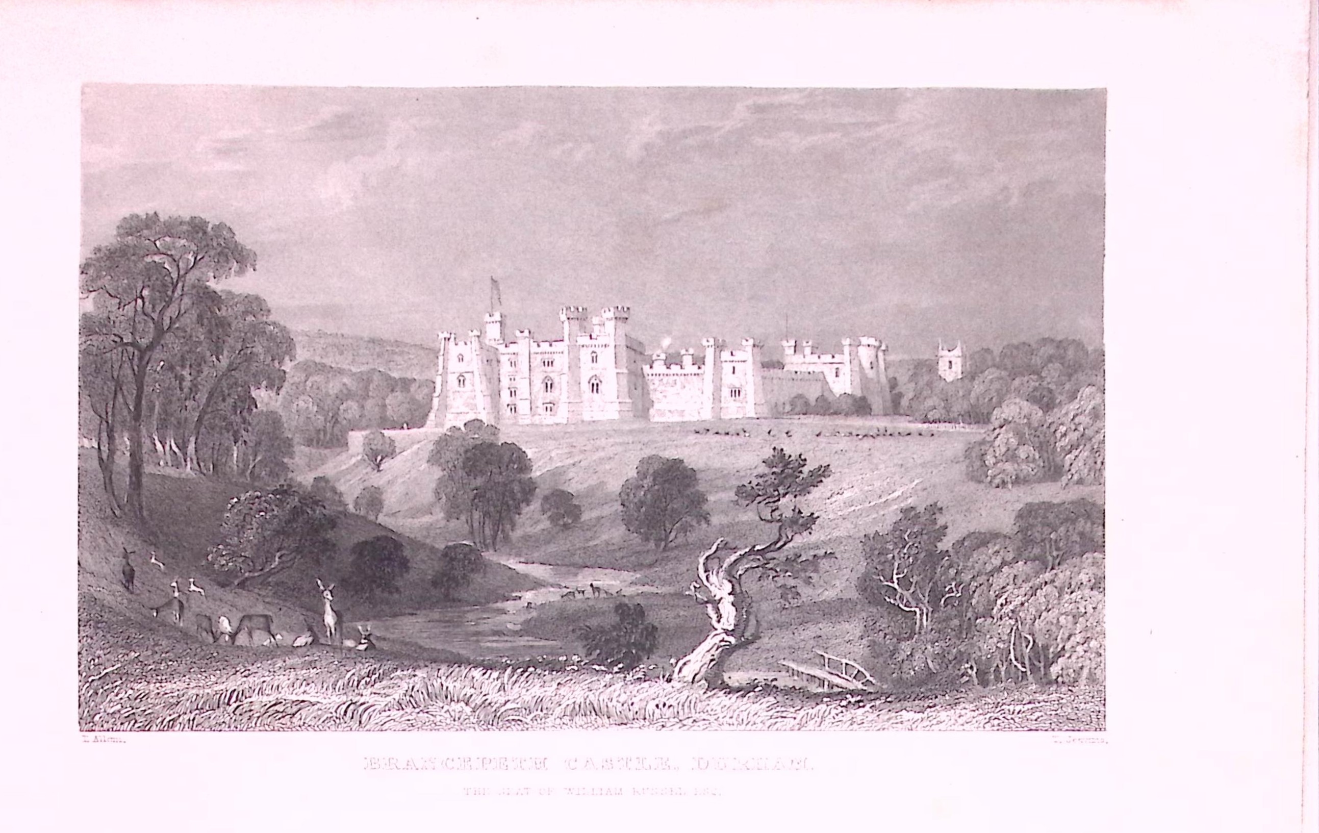 Brancepete Castle County Durham 1835 Antique Steel Engraving-5-TR