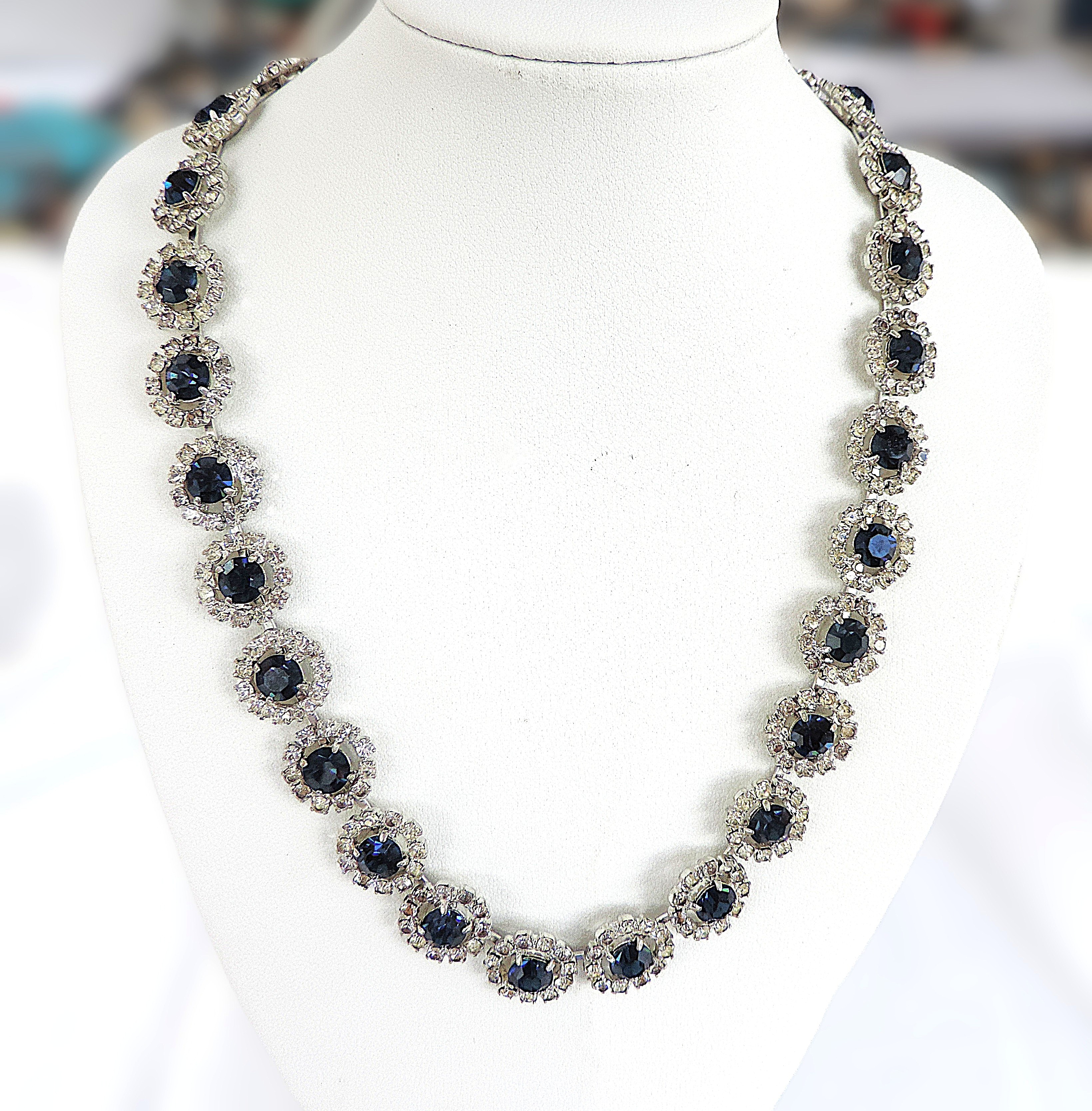 Vintage 1930's Sapphire Blue & White Rhinestone Crystal Necklace