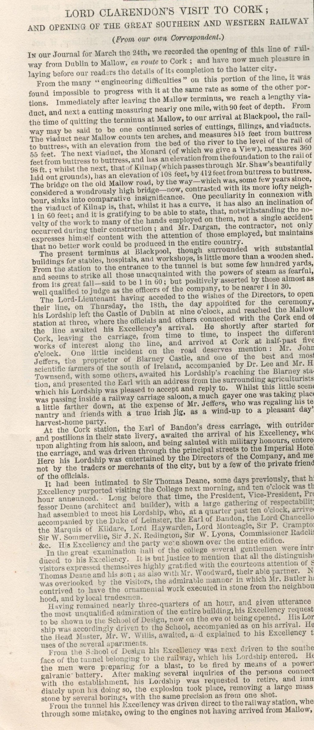 Opening Gsw Railway Dublin To Cork 1849 Antique NewspaperOriginal Edition 1849 Illustrated London