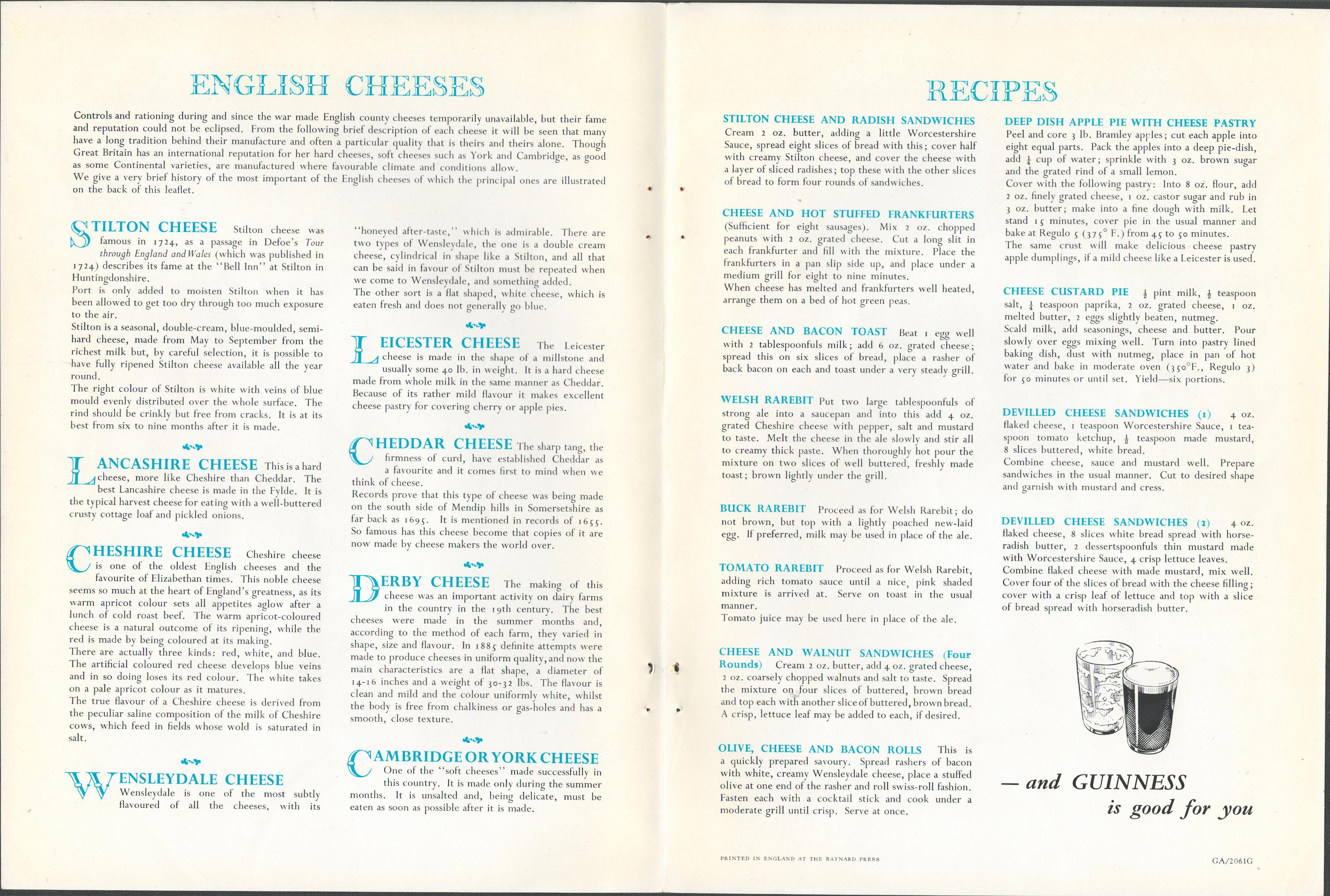 Double Sided Vintage 1961 Guinness Print 'English Cheeses'Double Sided 1961 Guinness Advertisement