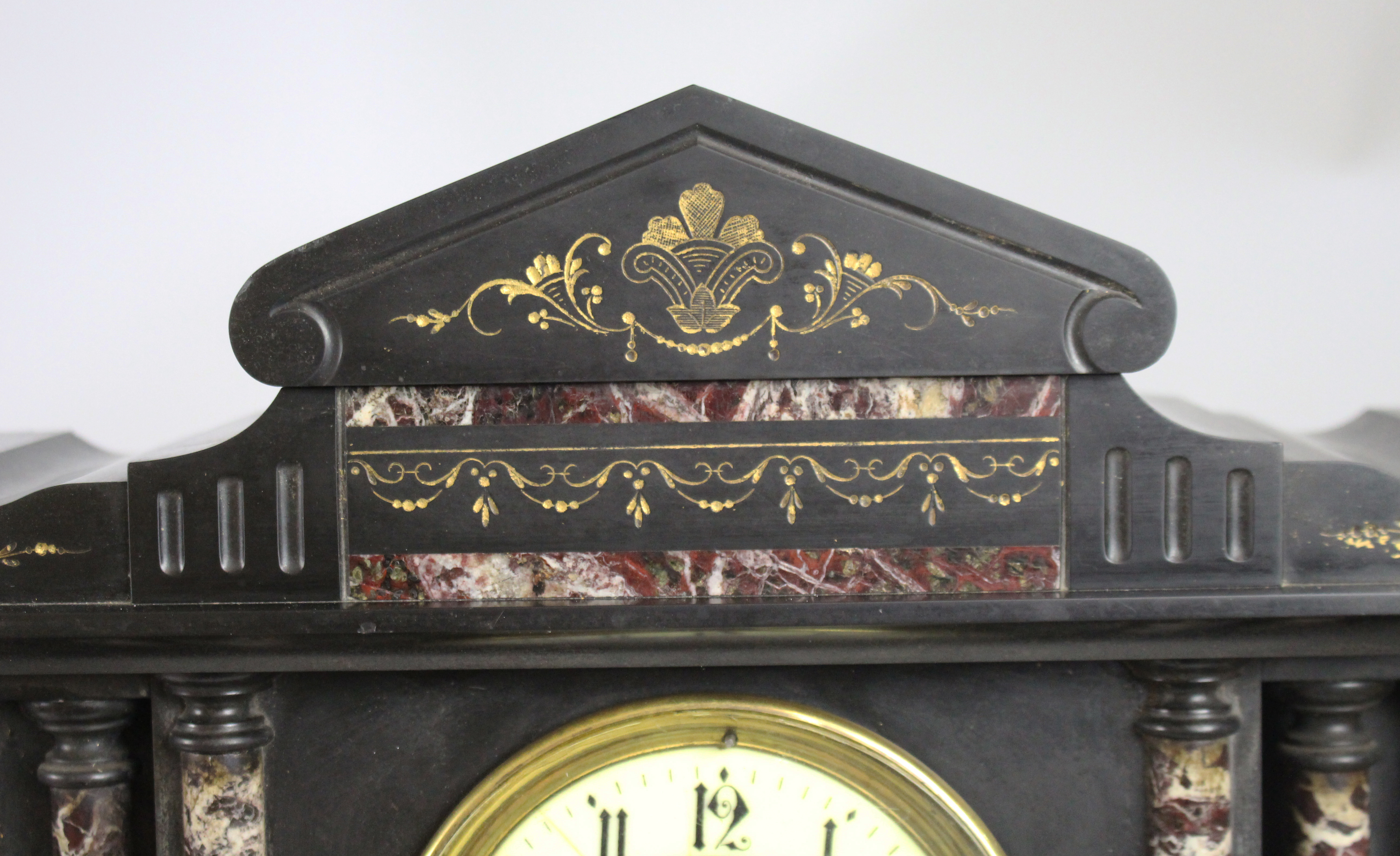 Victorian Black Marble Mantel Clock with Rouge Marble Columns c.1860