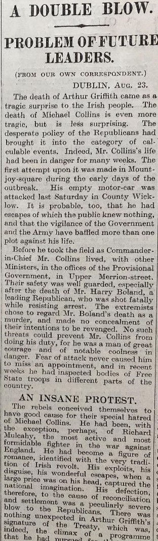 Michael Collins Shot Dead Ambushed By Ira Rebels 1922 NewspaperOriginal Complete Edition Of The