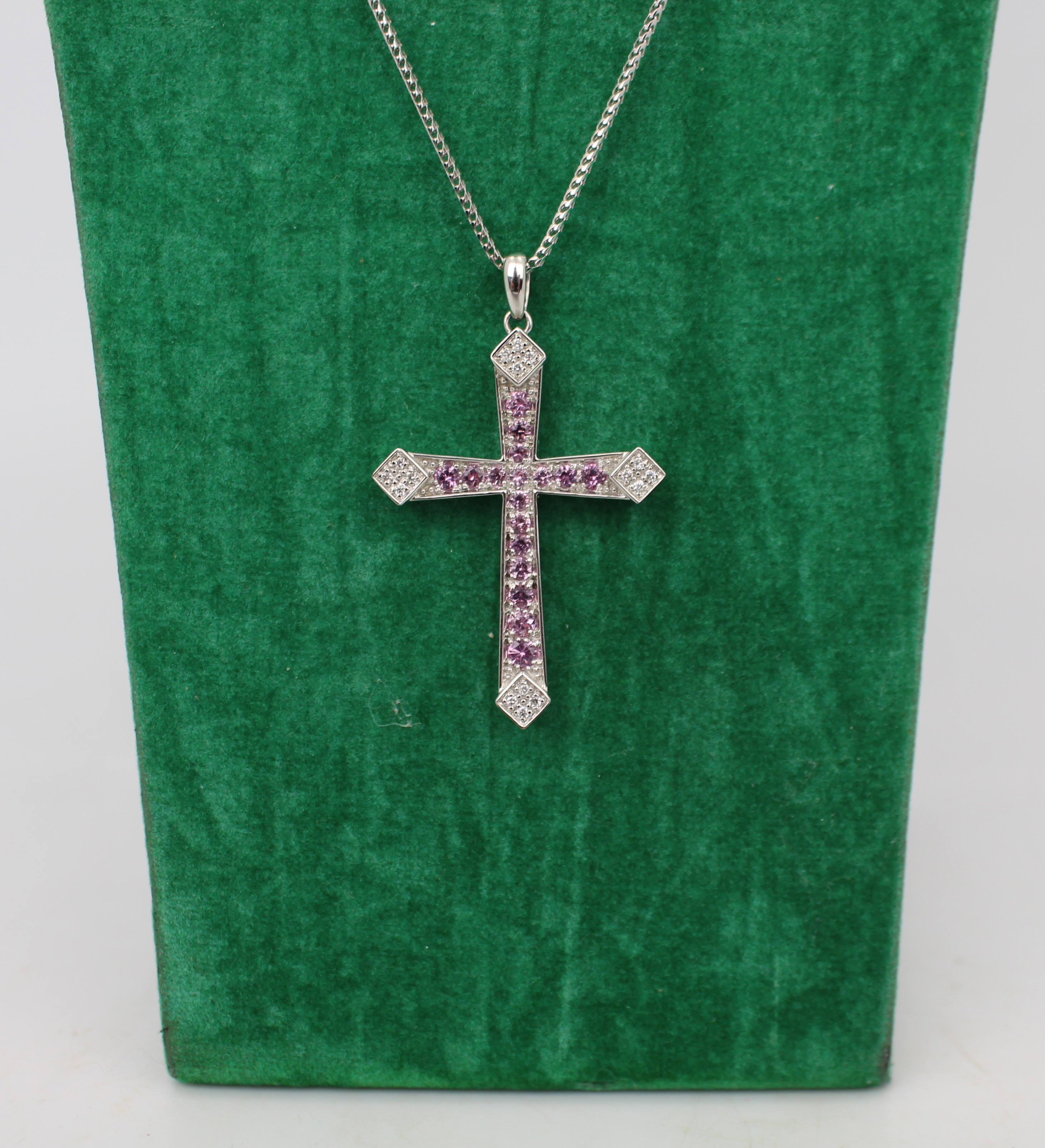 Very Fine Pink Diamond & Diamond 18ct White Gold Crucifix on Chain