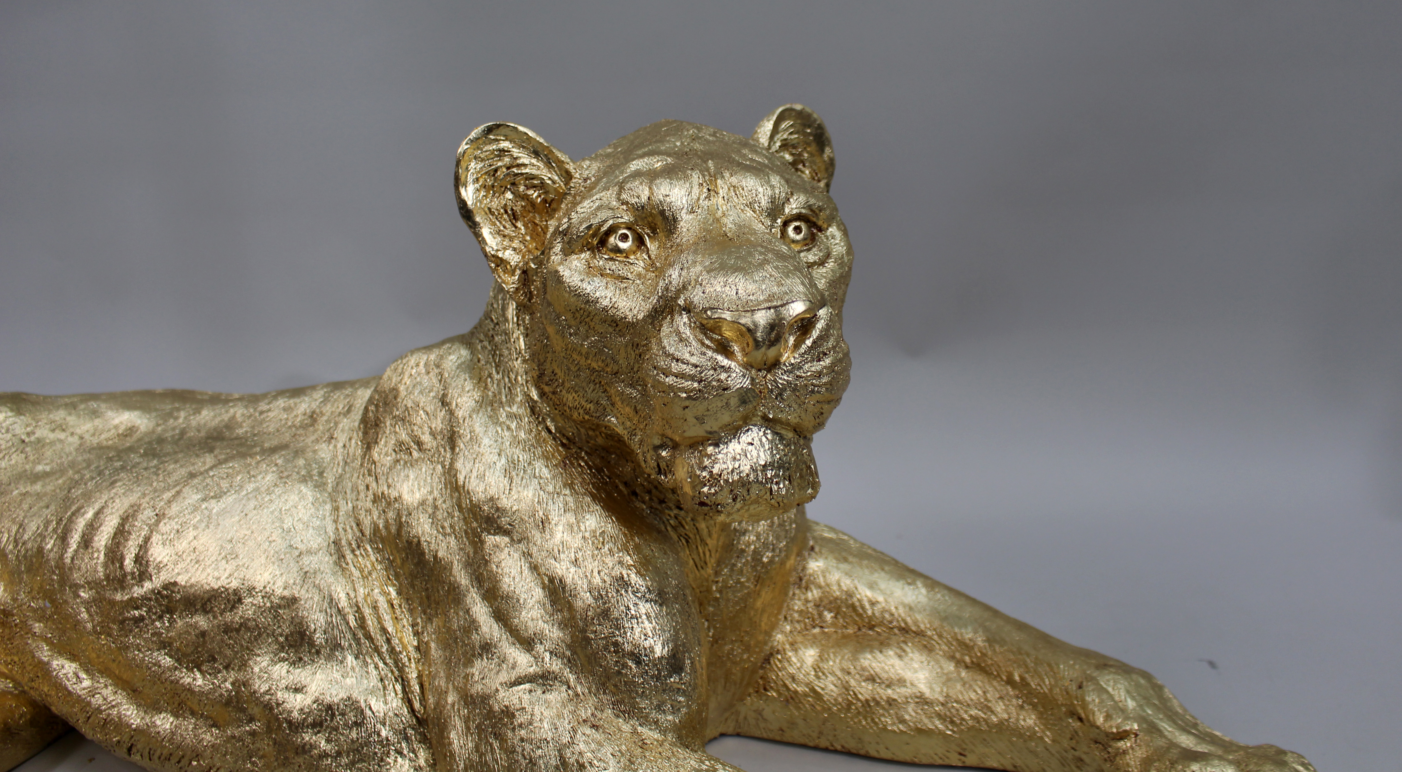 Large Reclining Lioness Sculpture Resin with Hand-Applied Gold Leaf Finish