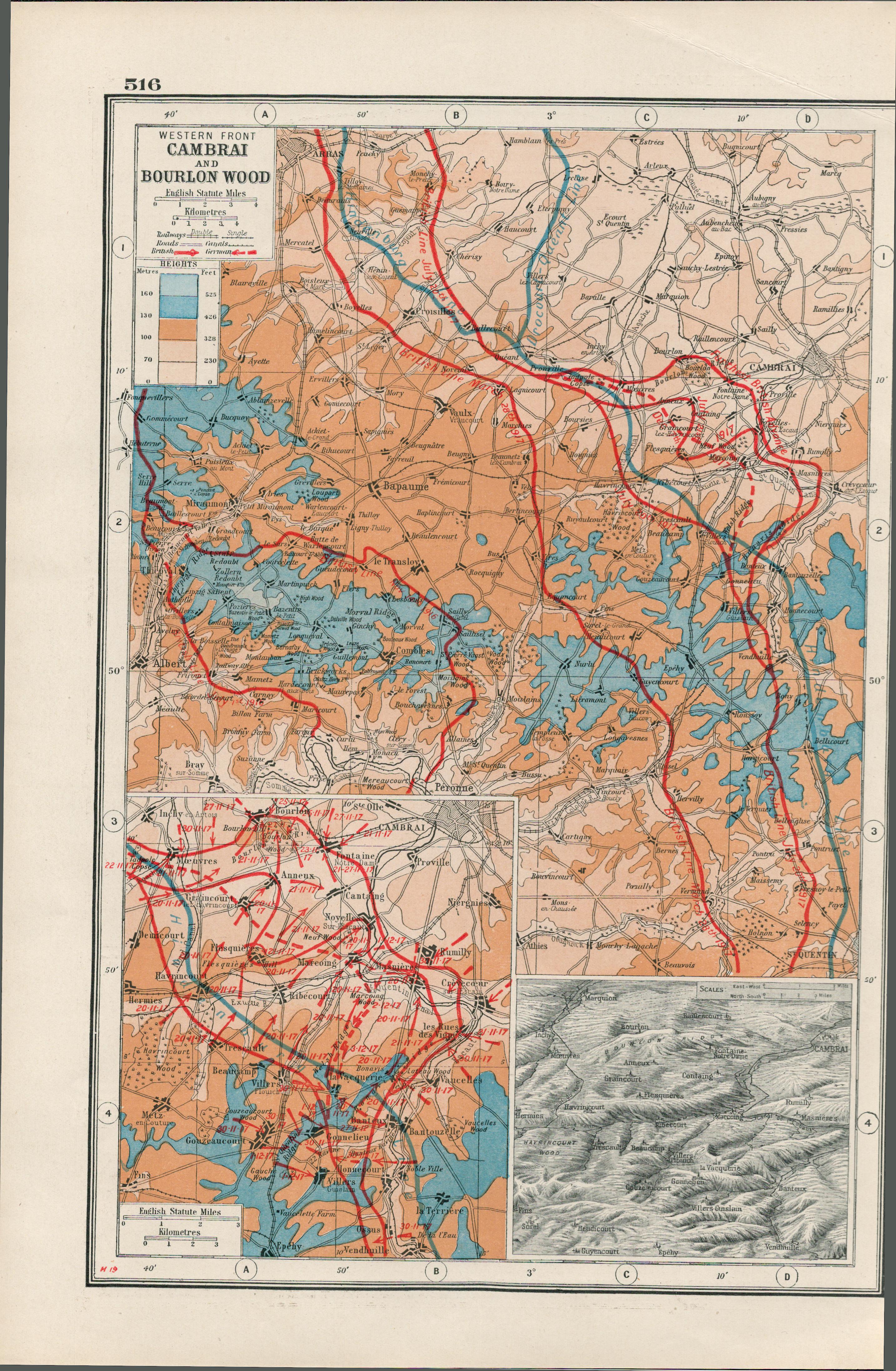 WW1 Western Front the Battle Cambrai & Bourlon Wood 1922 Antique Map-516