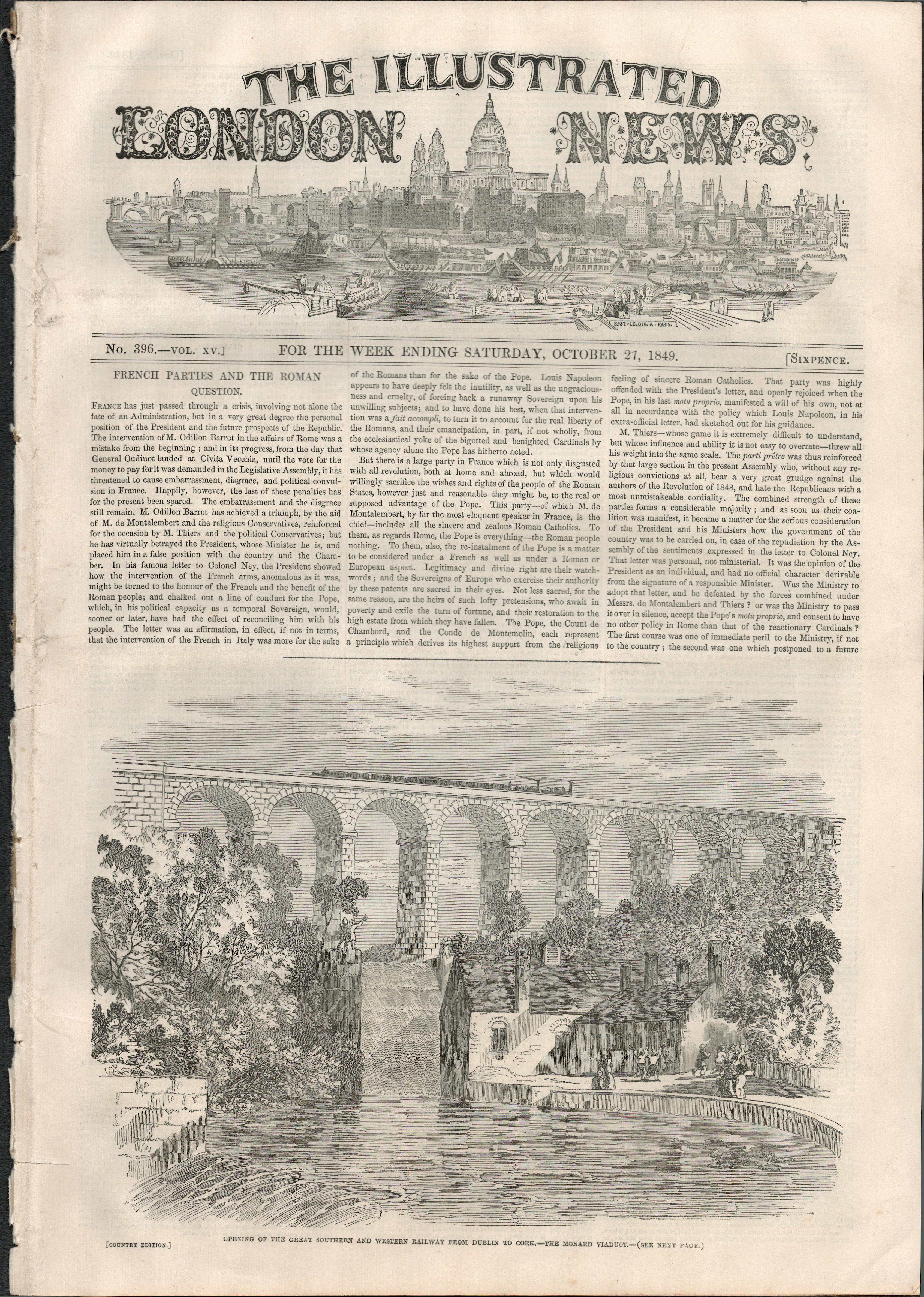 Opening Gsw Railway Dublin To Cork 1849 Antique NewspaperOriginal Edition 1849 Illustrated London