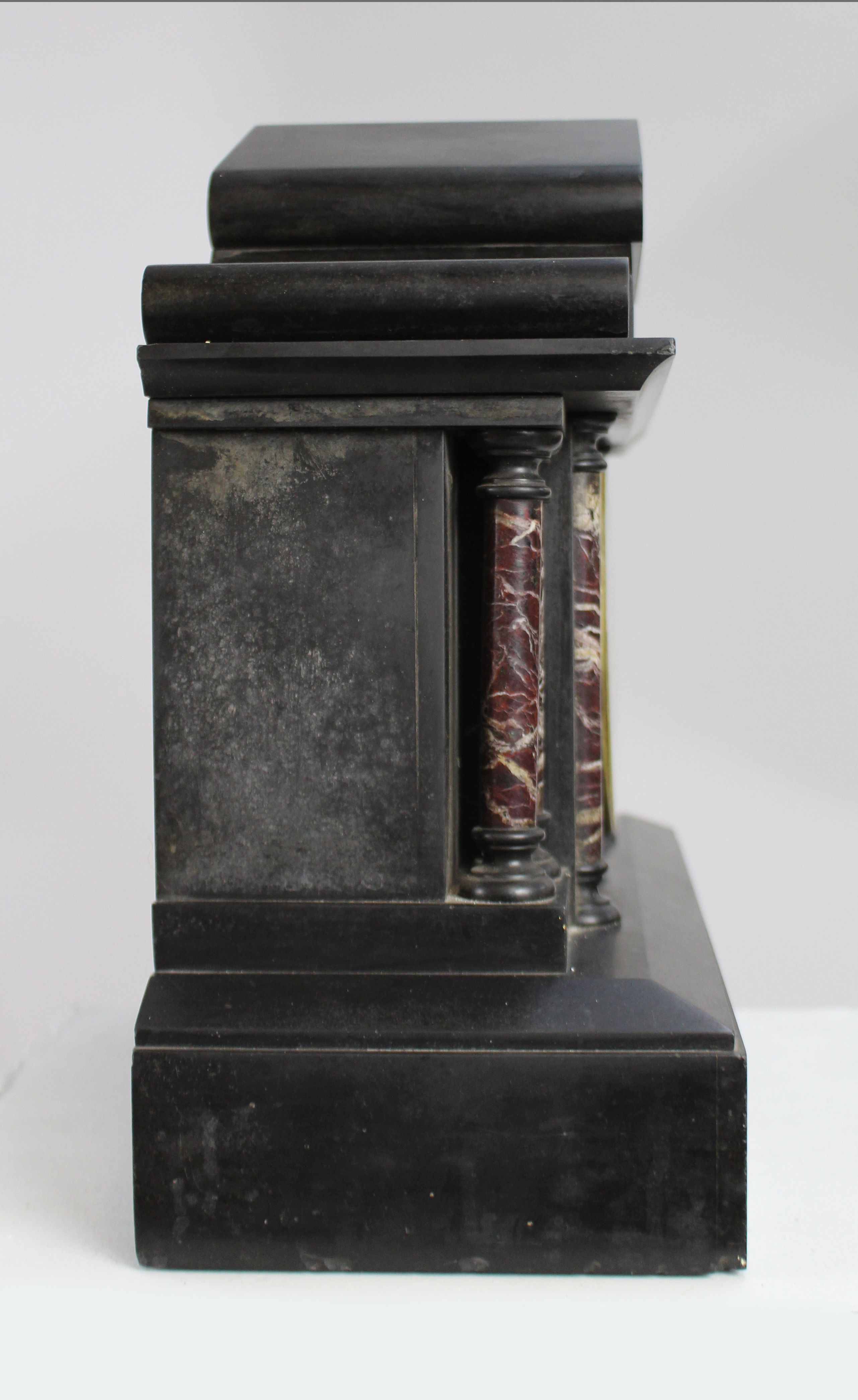Victorian Black Marble Mantel Clock with Rouge Marble Columns c.1860