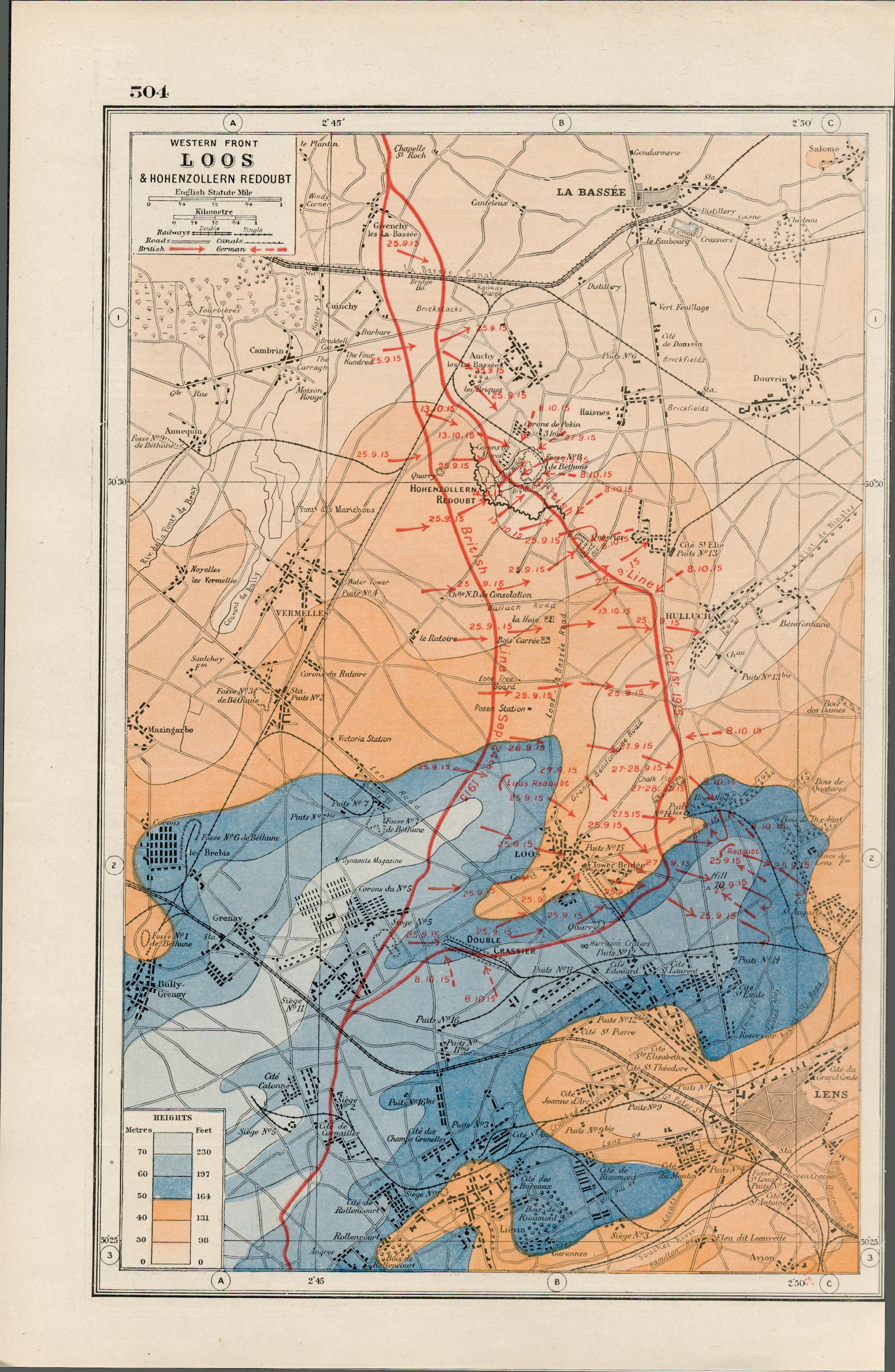 WW1 The Western Front Loos & Hohenzollern Coloured 1922 Antique Map-504