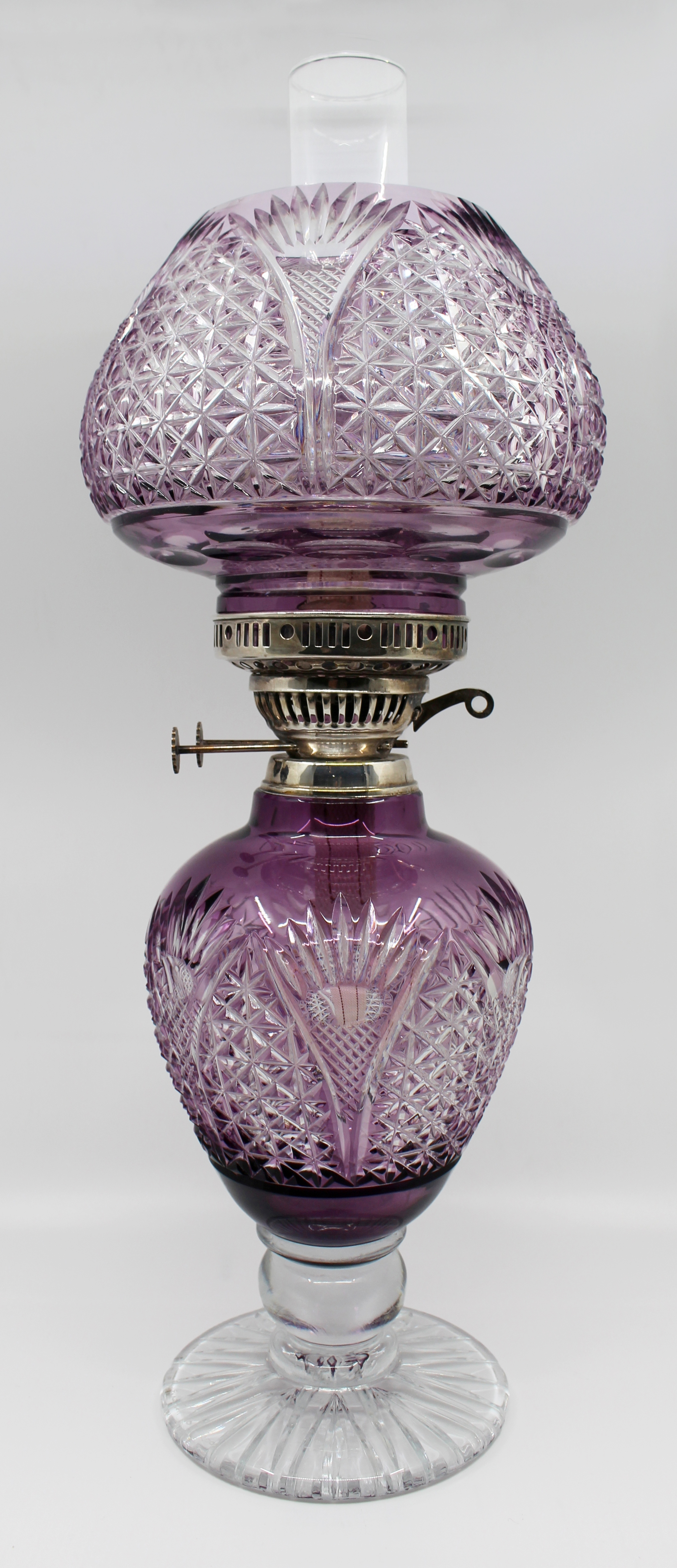 Very Fine English Cut Glass Amethyst Overlay Crystal Oil Lamp