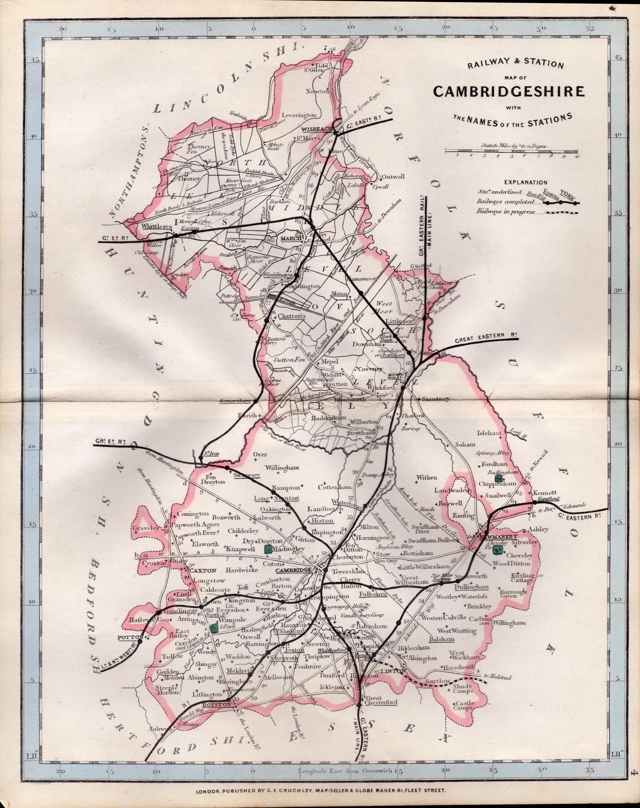 Cambridgeshire Cruchley Scarce Antique Railways & Stations Coloured Map.