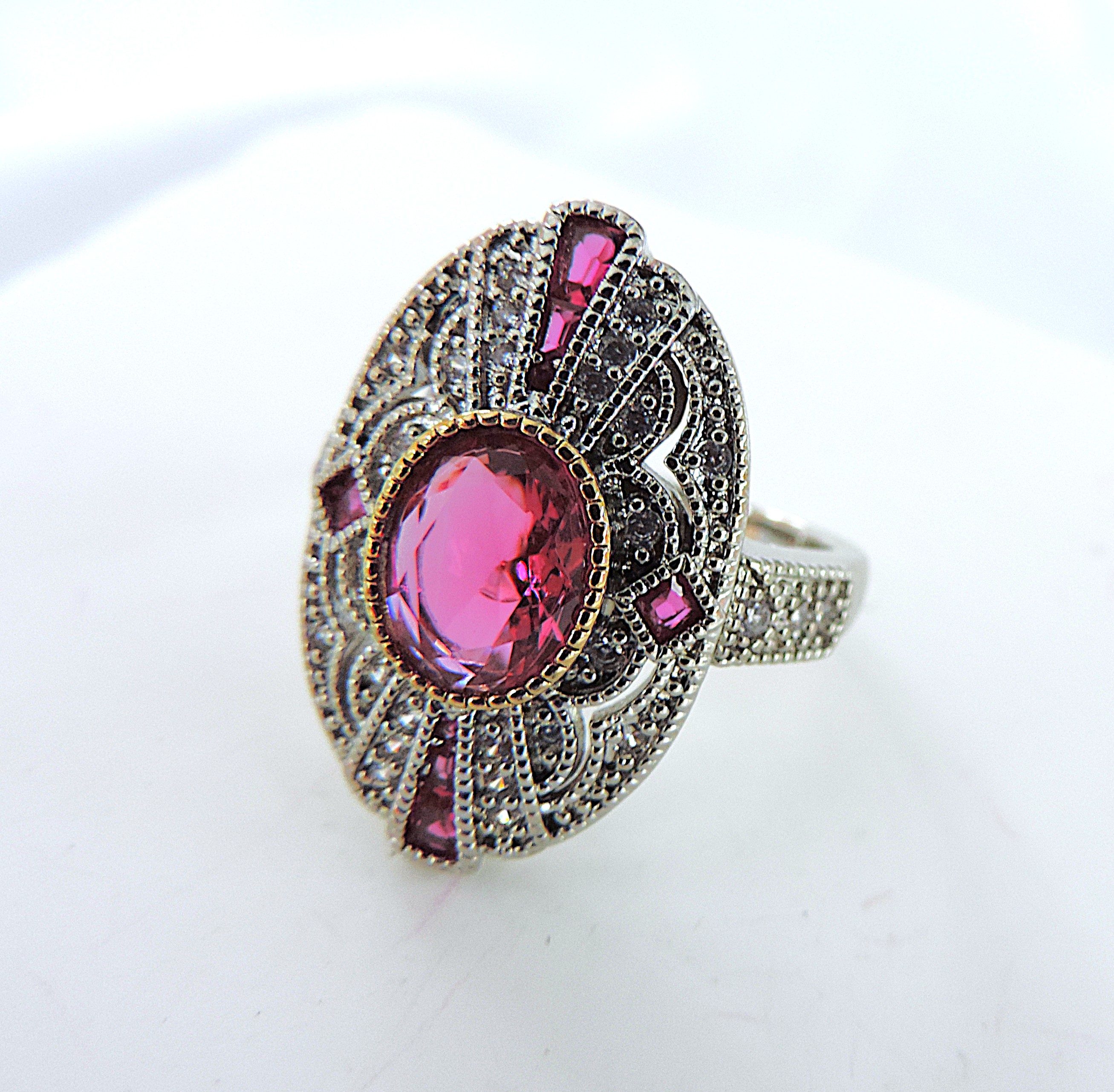 Art Deco Style Red & White Gemstone Ring