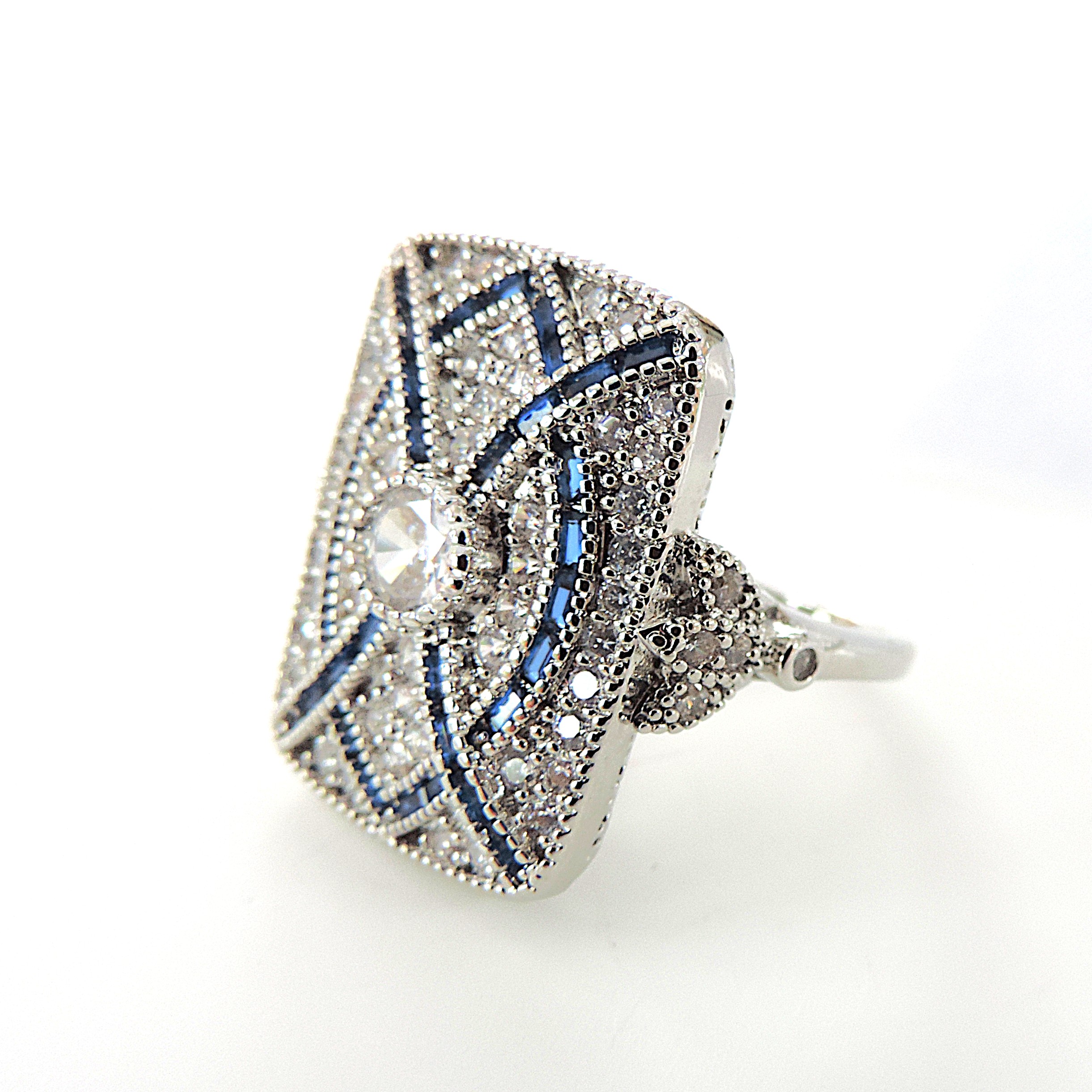 Art Deco Style Blue & White Gemstone Ring with Gift Box