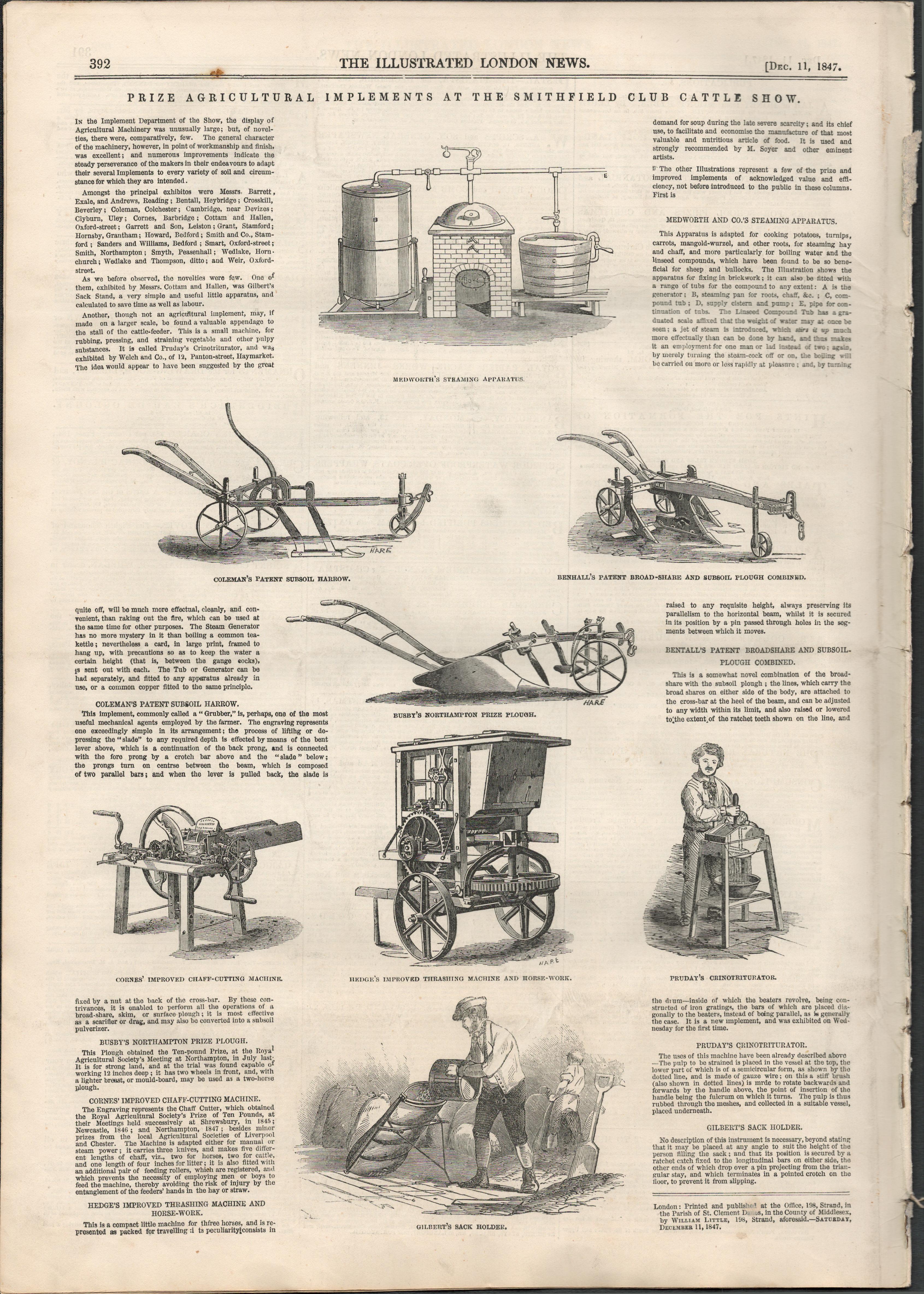 New Farmers Machines On Show Smithfields Cattle Show Of 1847 NewspaperAntique Complete Edition The