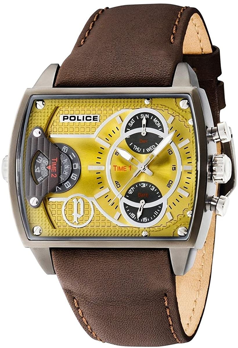 Police Scorpion Men's Quartz Watch with Green Dial Analogue Display and Brown Leather Strap 14698JS