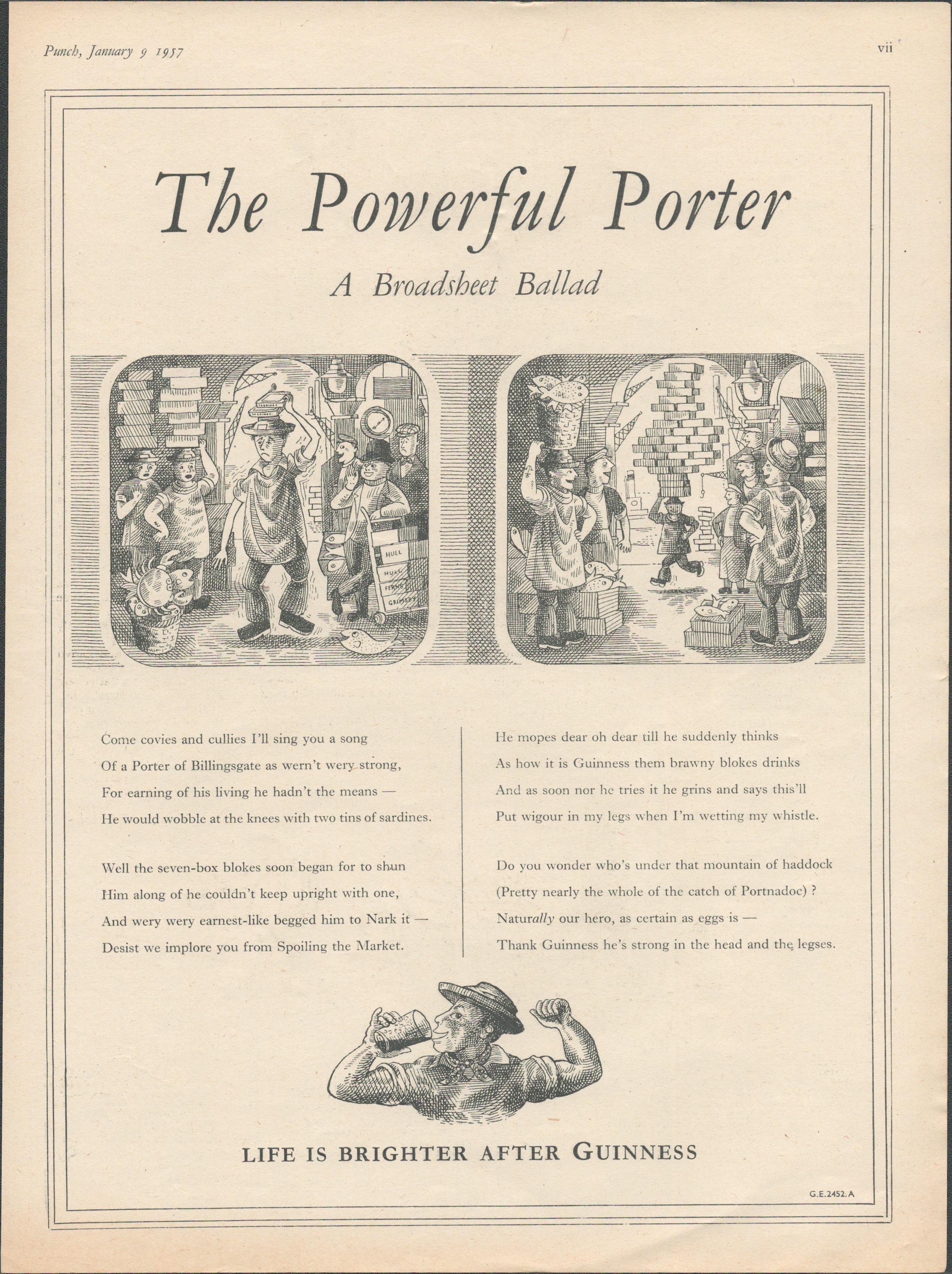 Guinness 1957 Original Print The Powerful Porter-G.E. 2452.A.This Print Is Over 60 Years Old And