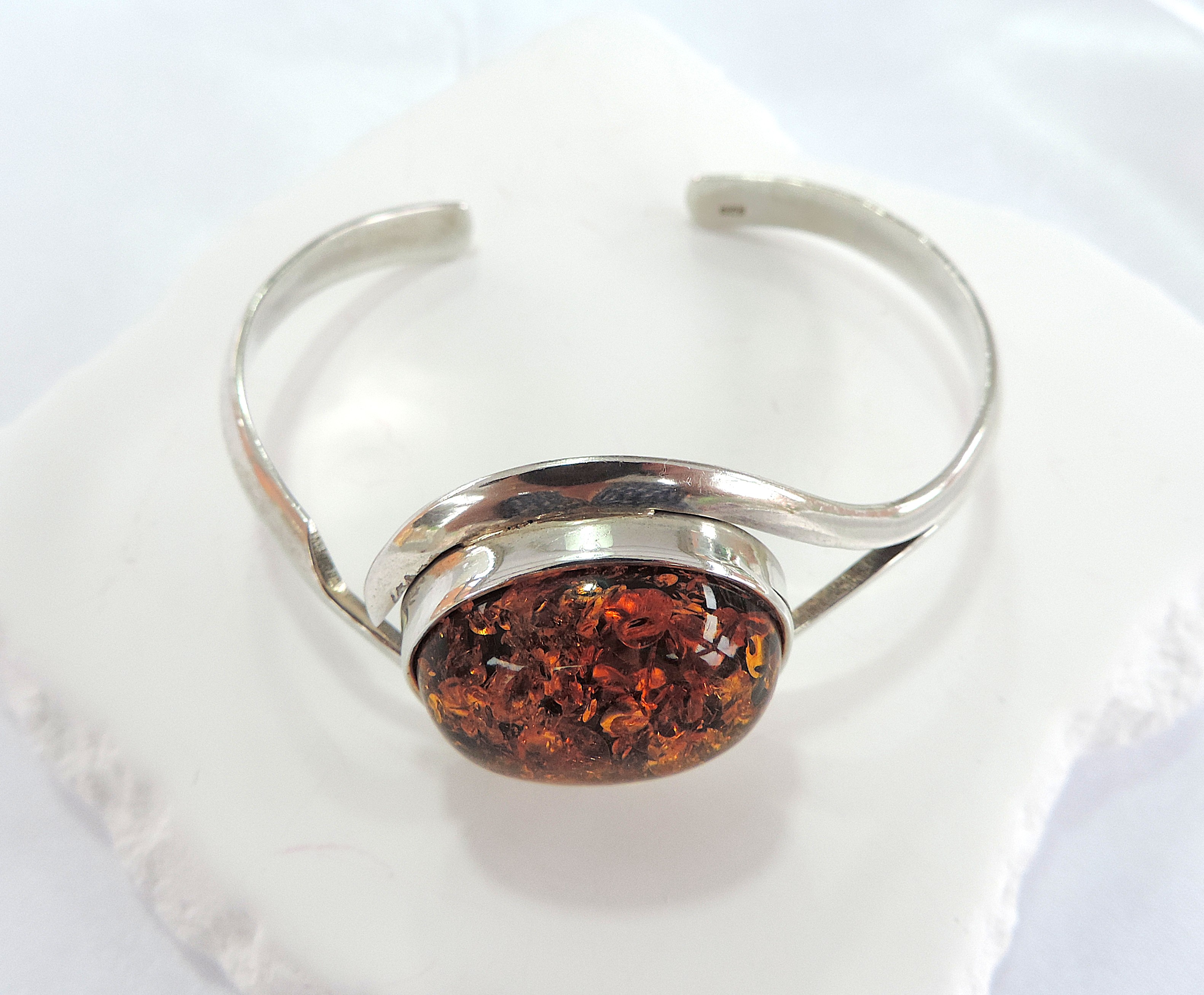 Vintage 925 Silver Chunky Baltic Amber Bangle