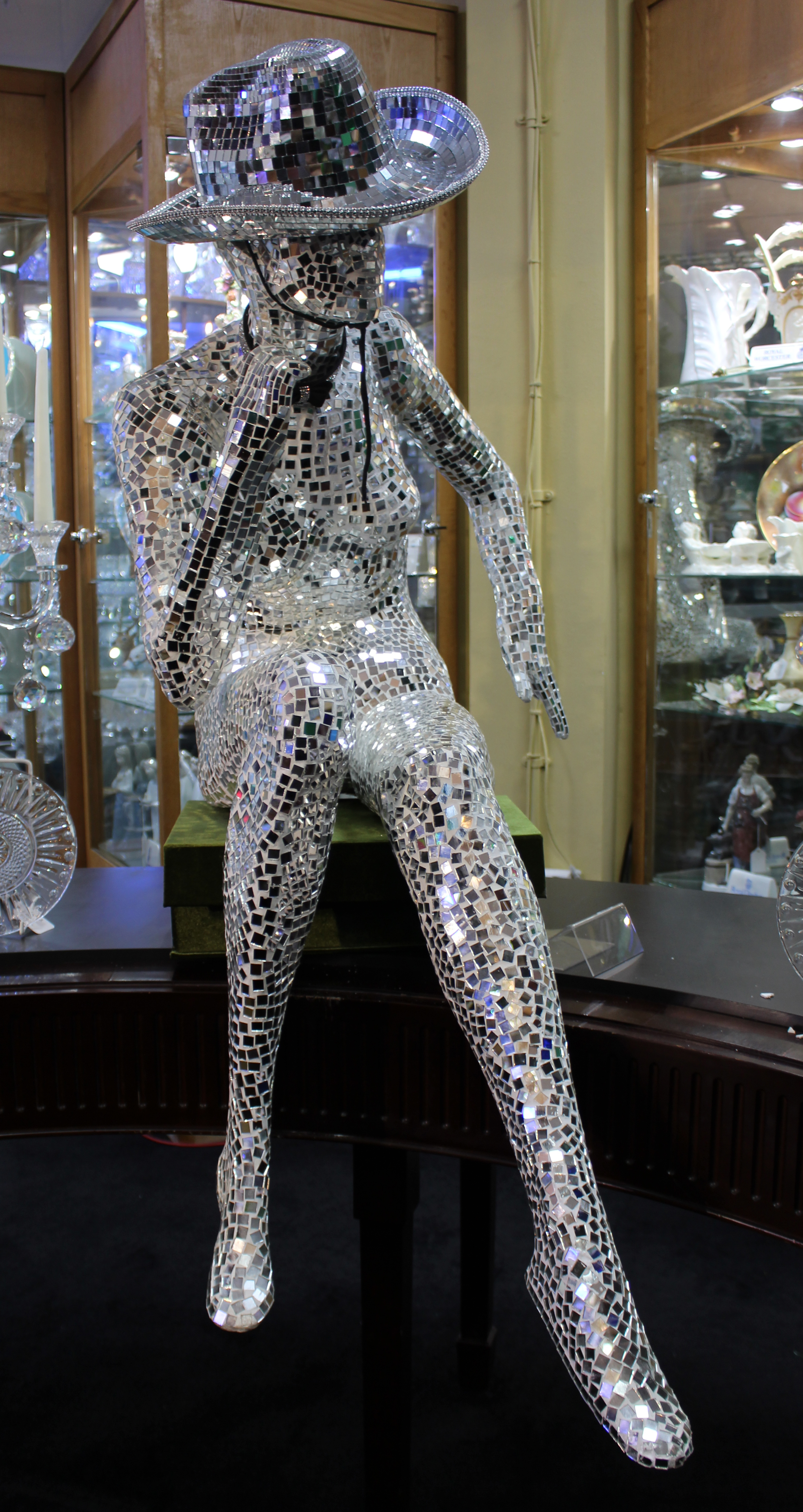 Large Mirrored Mosaic Female Figure Sculpture with Hat
