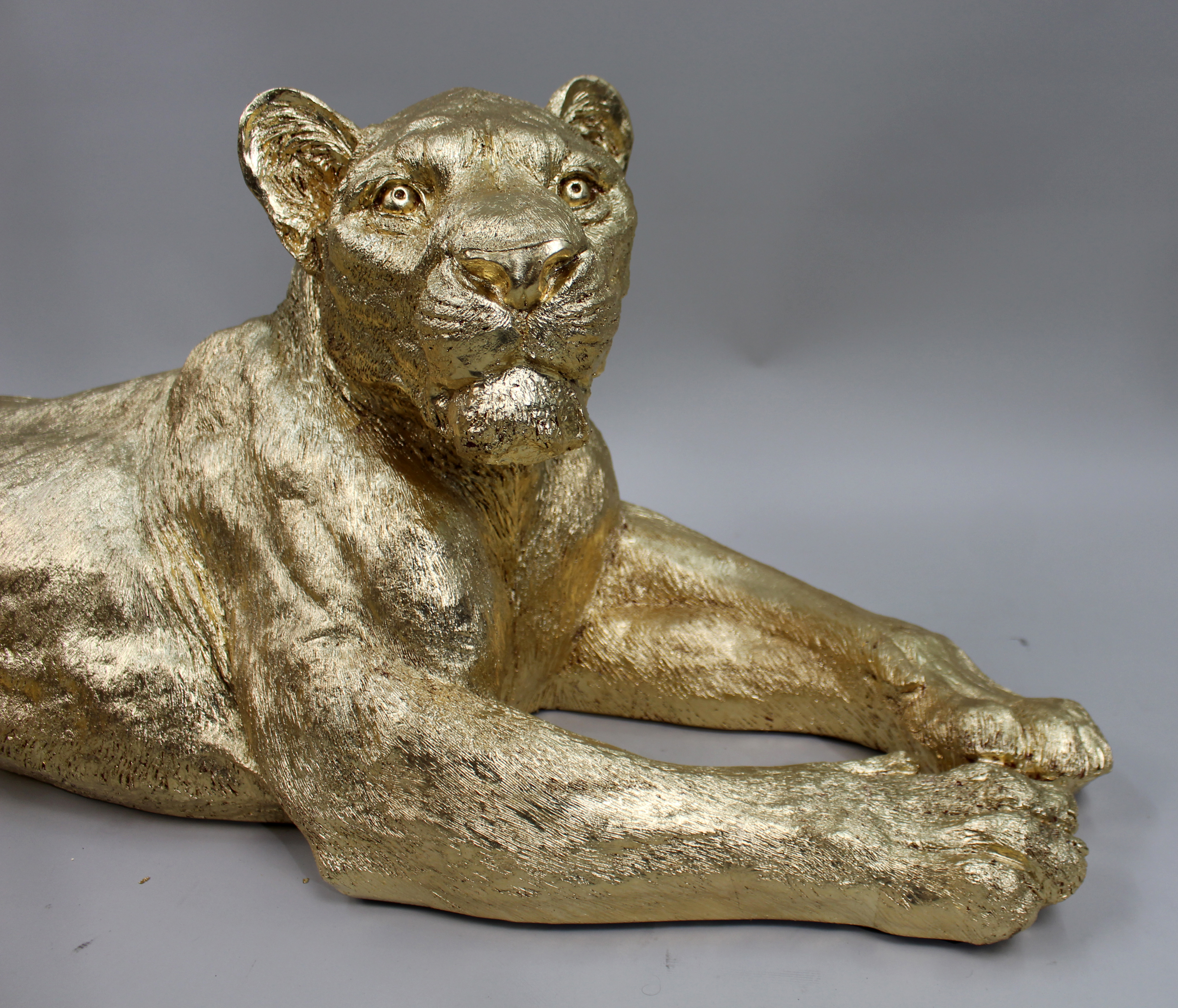 Large Reclining Lioness Sculpture Resin with Hand-Applied Gold Leaf Finish