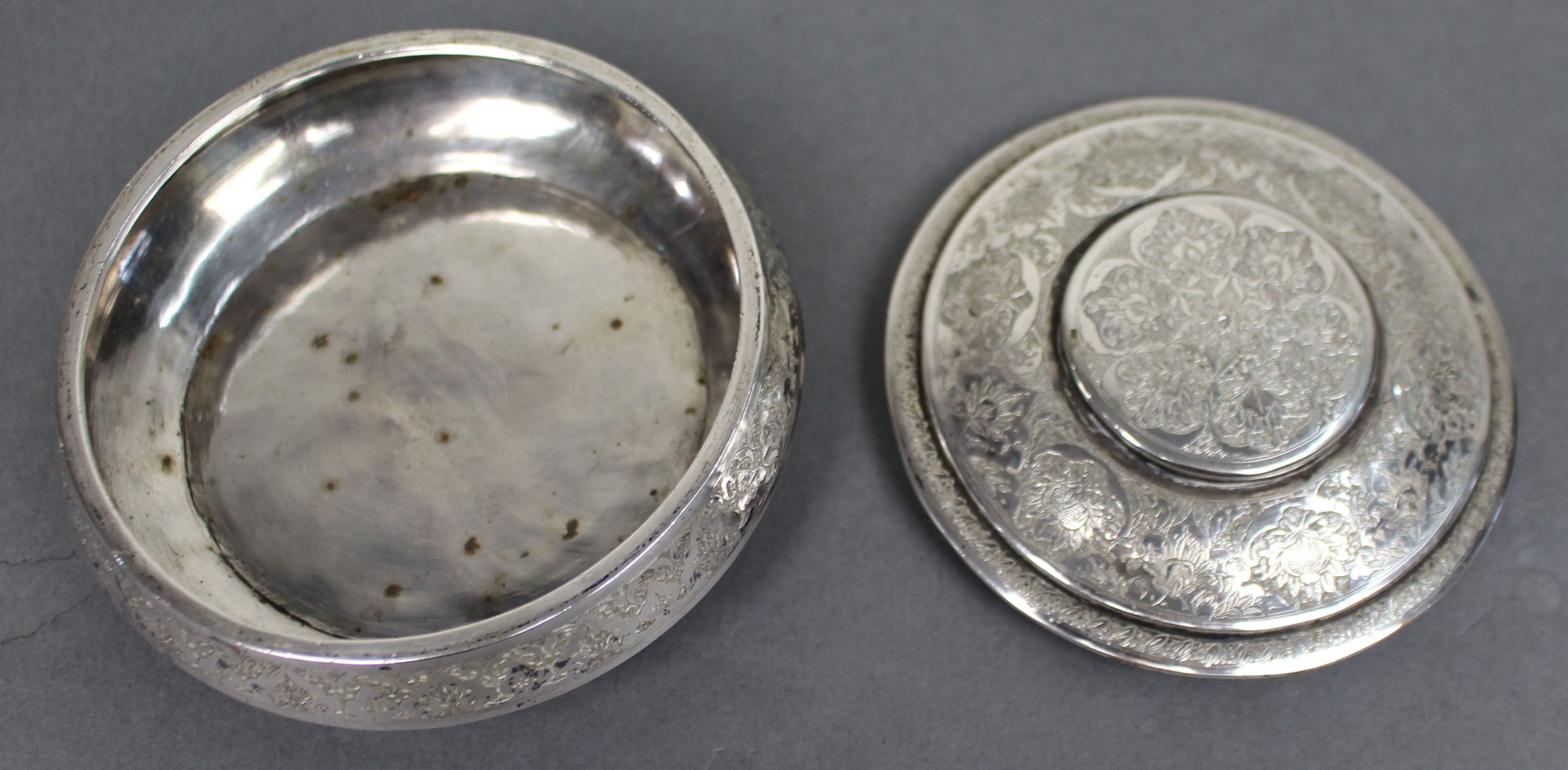 Persian Silver Circular Box with Floral Motifs, Iran, c.1950