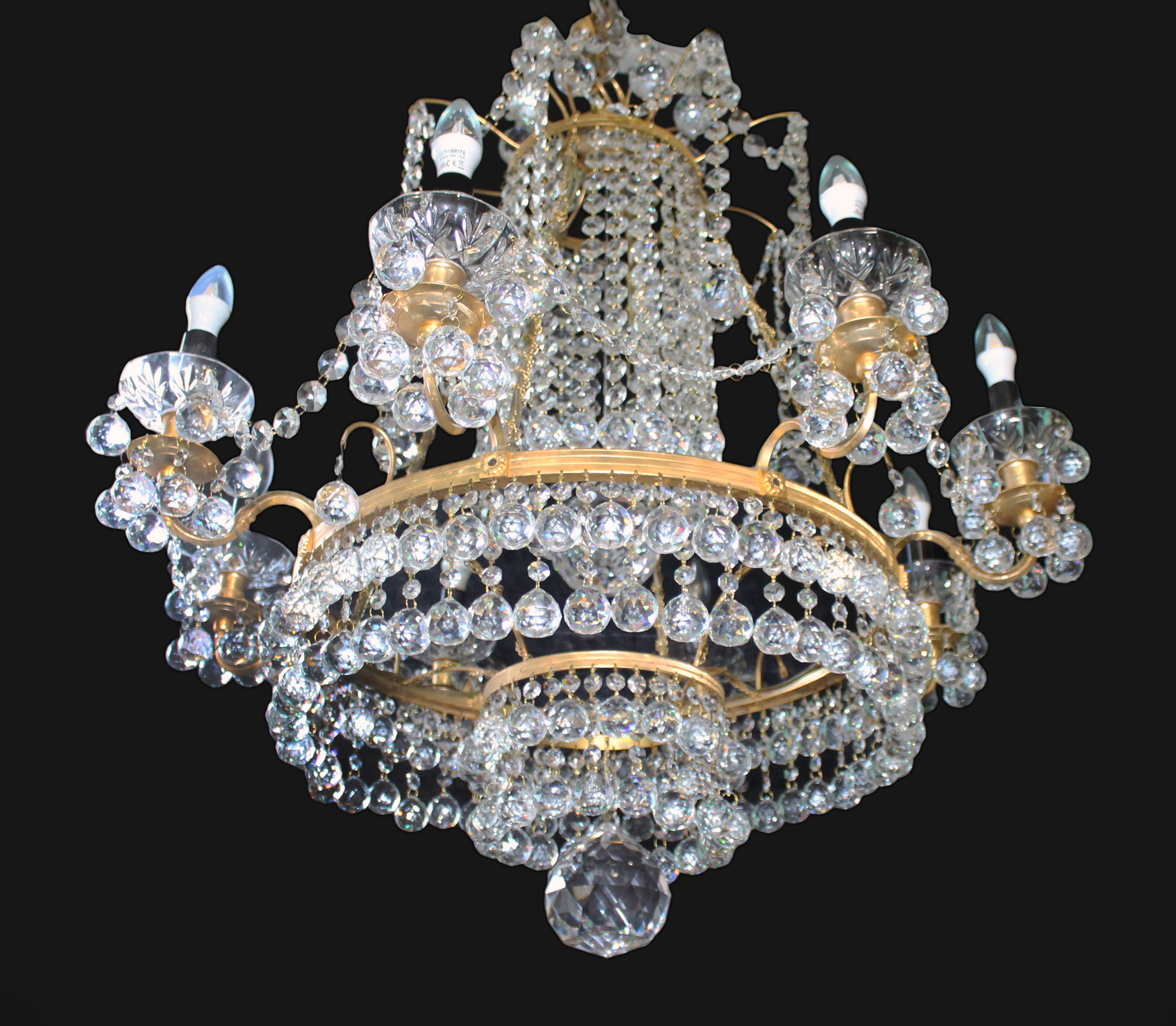 Large Empire Style Crystal and Ormolu Eight Light Chandelier