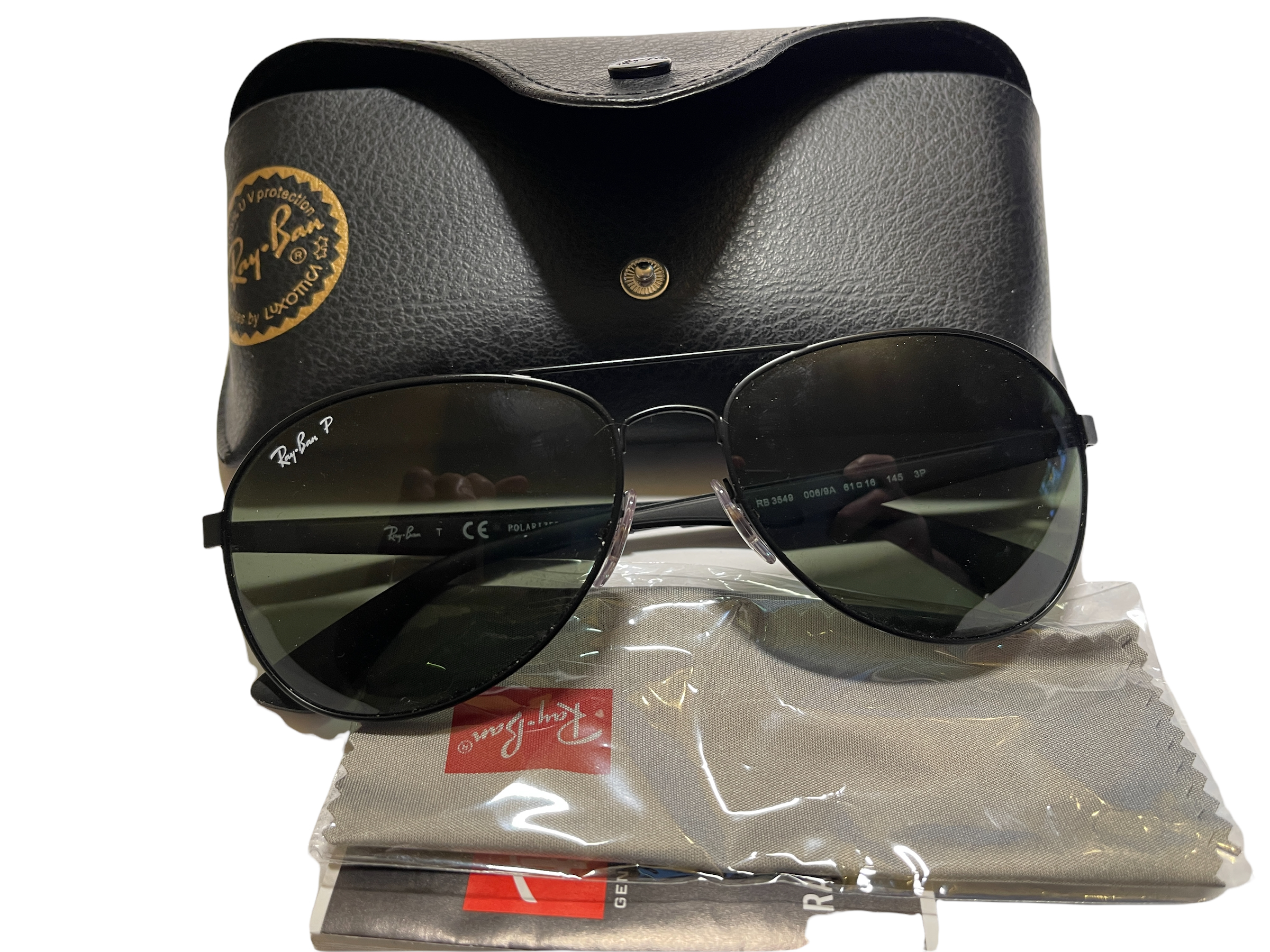Pair of Ray-Ban Sunglasses Aviator Style Matte Black - RB3549 With Box and Case