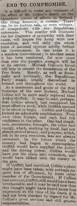Michael Collins Shot Dead Ambushed By Ira Rebels 1922 NewspaperOriginal Complete Edition Of The