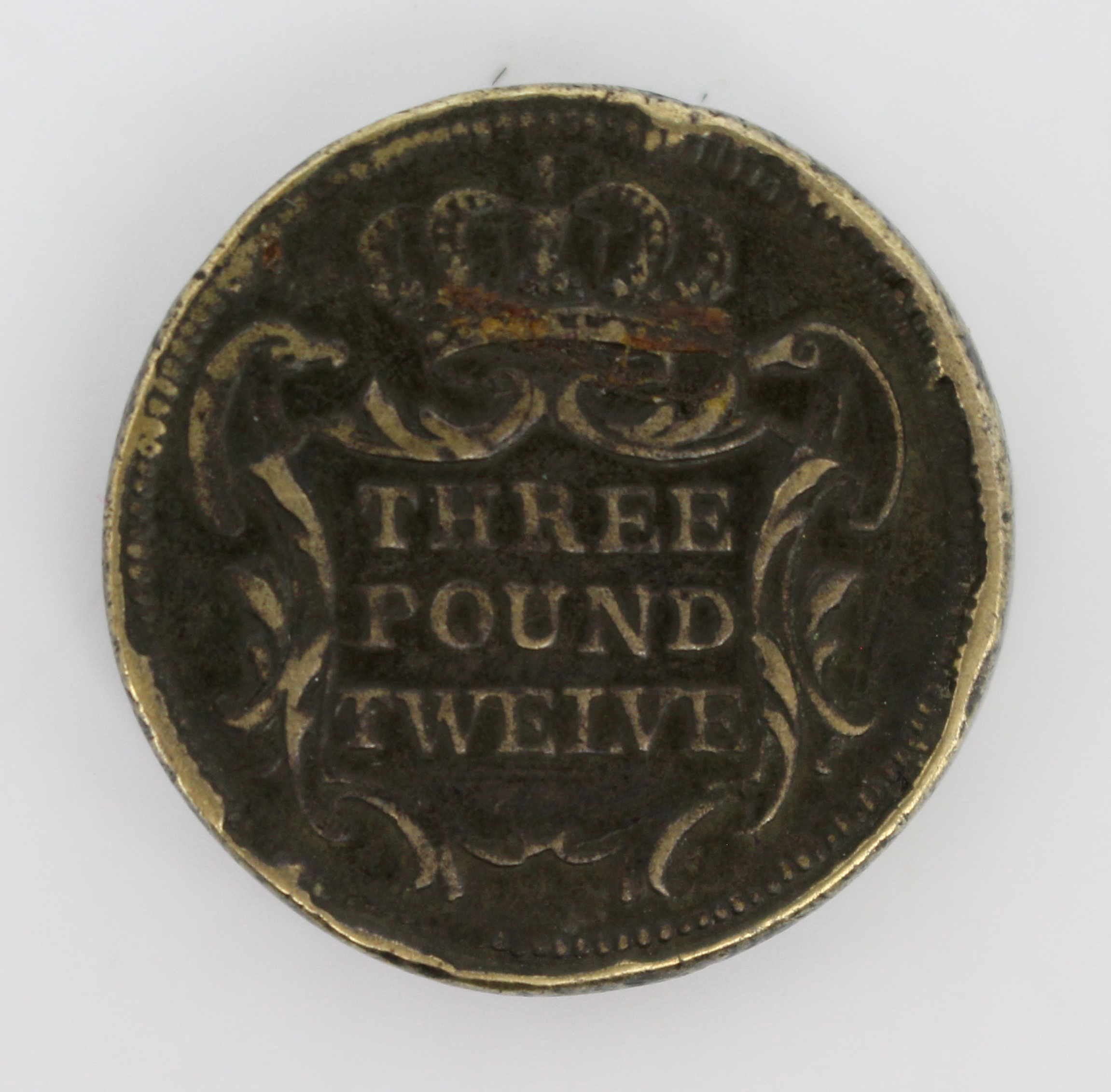 Antique Brass Gaming Token – "Iosephus" Three Pound Twelve