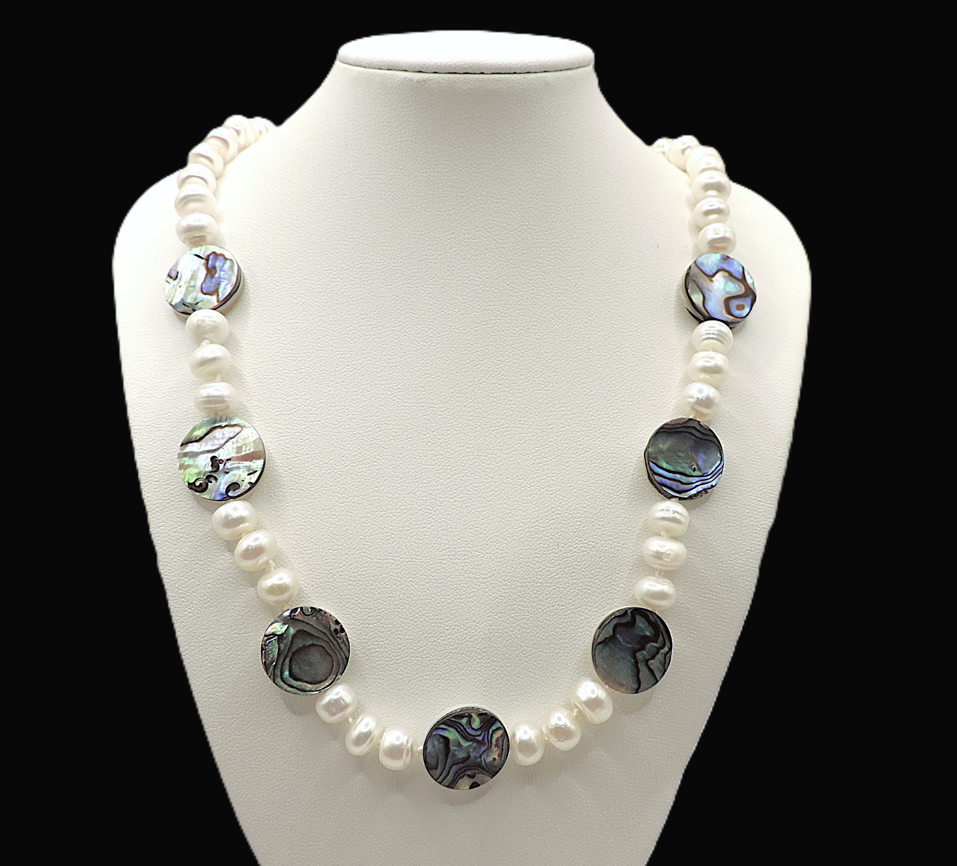 Freshwater Cultured Pearl & Paua Shell Necklace Silver Clasp New With Gift Pouch