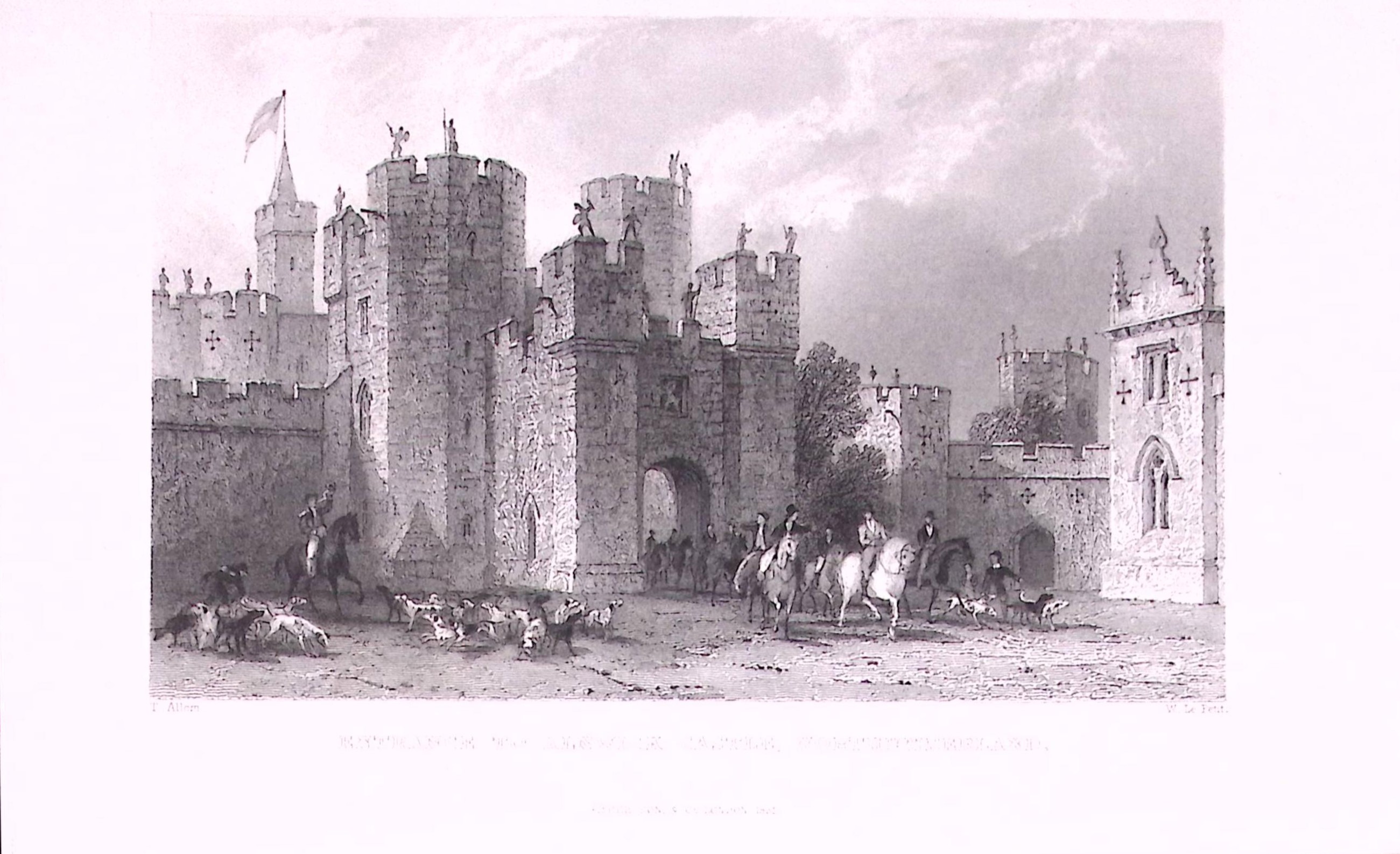 Alnwick Castle Entrance Northumberland Antique Steel Engraving-28-TR