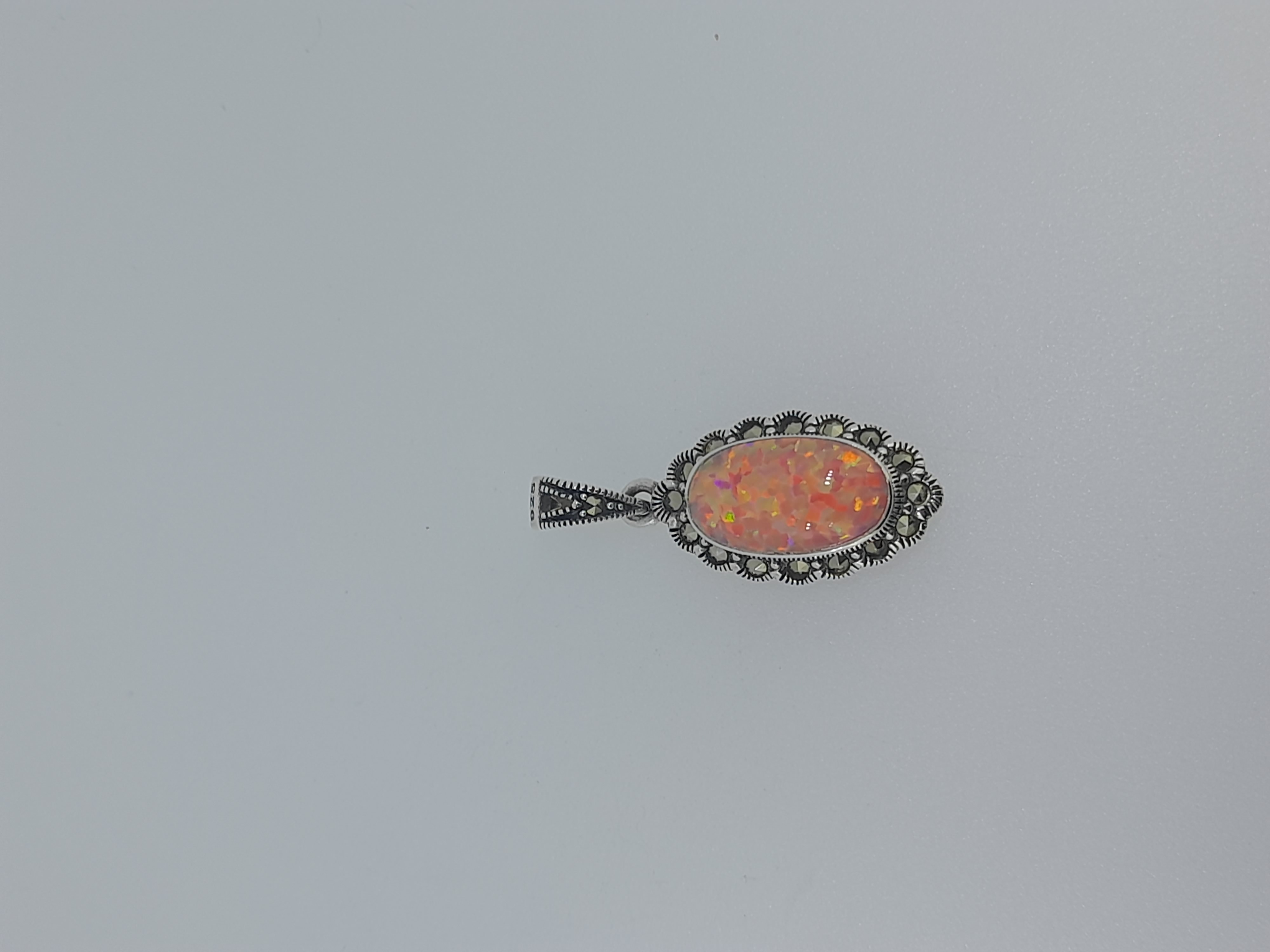 Silver Synthetic Fire Opal and Marcasite Set Pendant