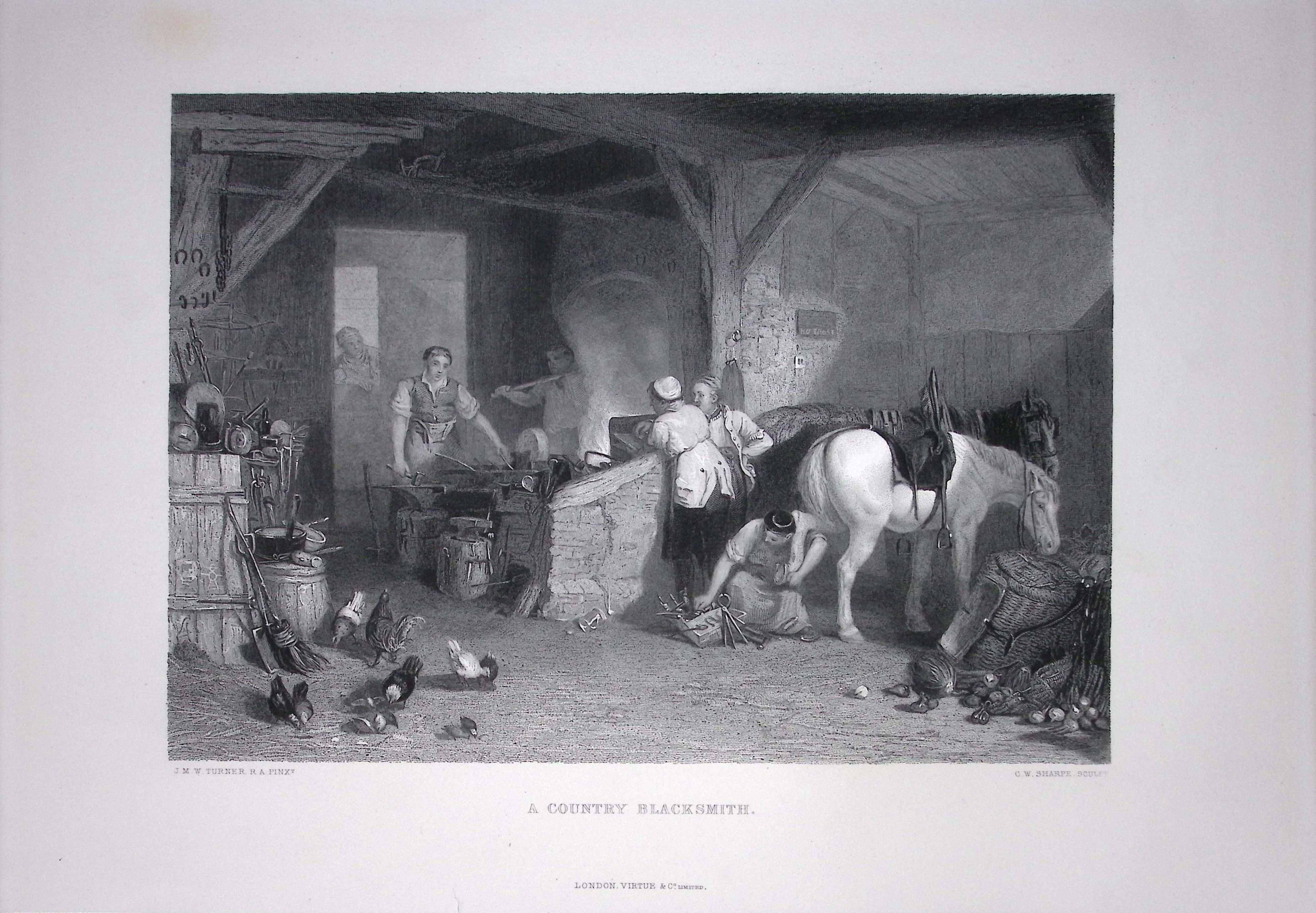 J.M.W Turner A Country Blacksmith at Work Antique Steel Engraving-72-TR