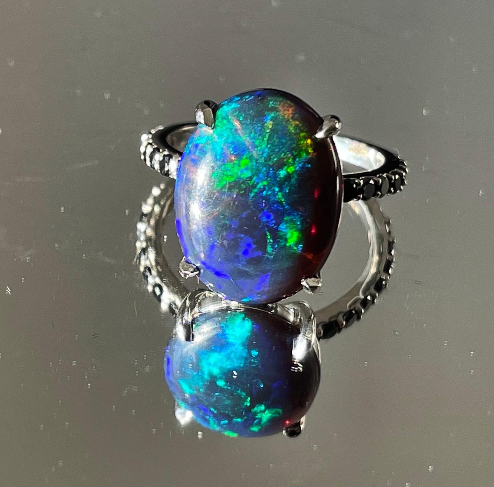 Beautiful 5.22 CT Natural Black Opal Ring With Natural Black Diamond & 18k Gold