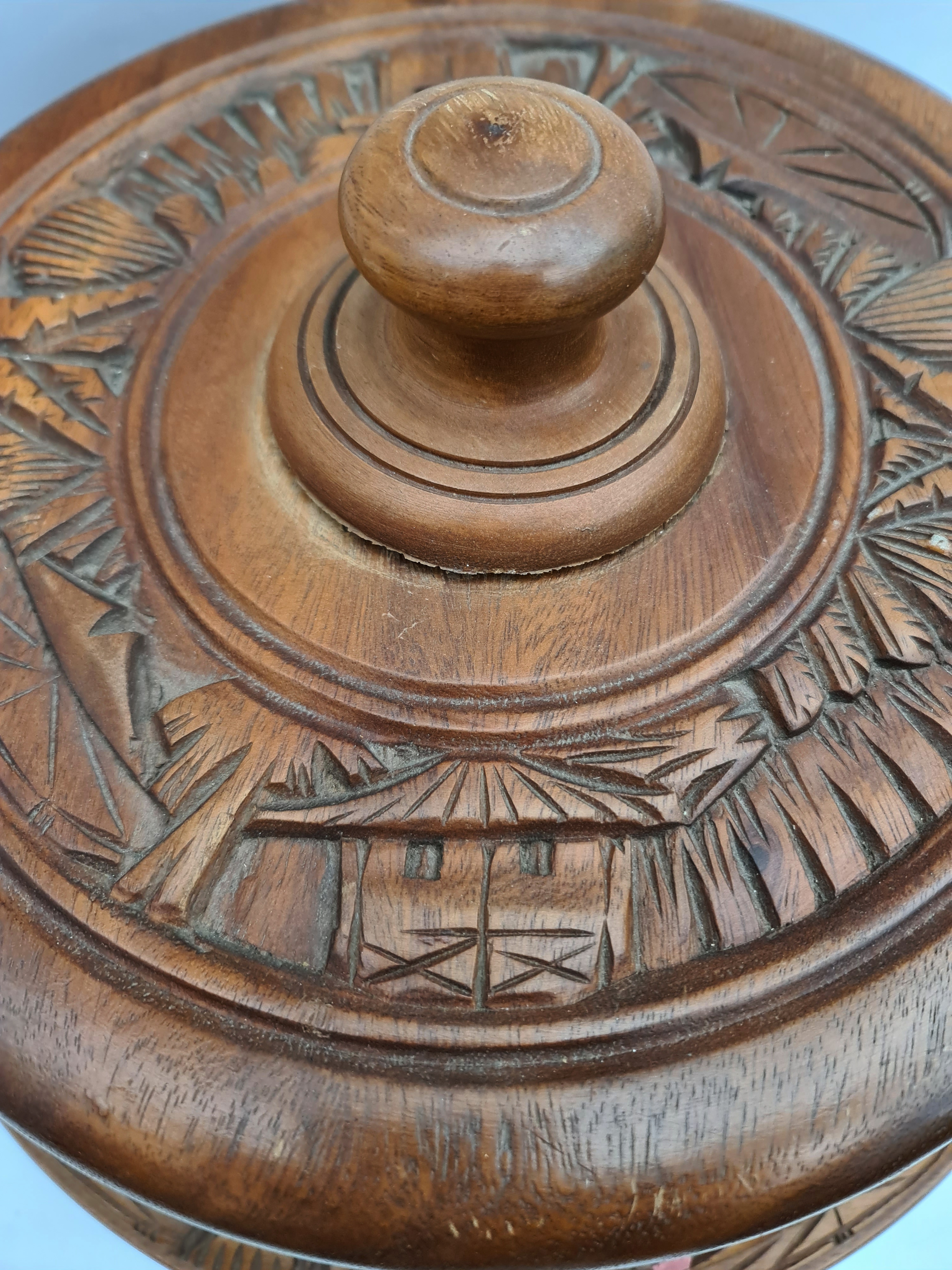 Vintage Far East Lazy Susan Carved Wood Covered Cheese Board