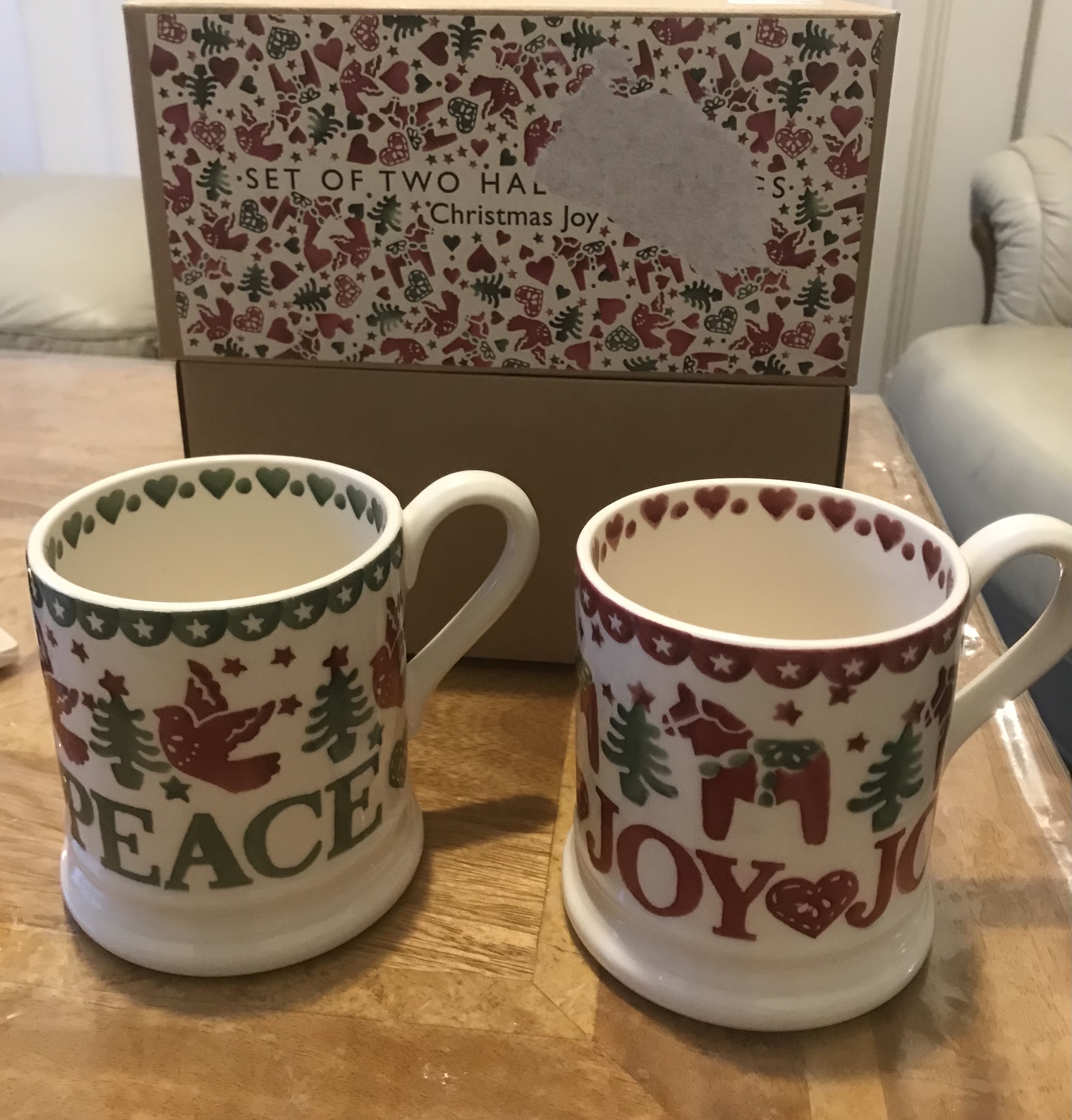 Emma Bridgewater Christmas Joy & Peace Half Pint Mugs, Set of 2, 280ml, Red/Multi