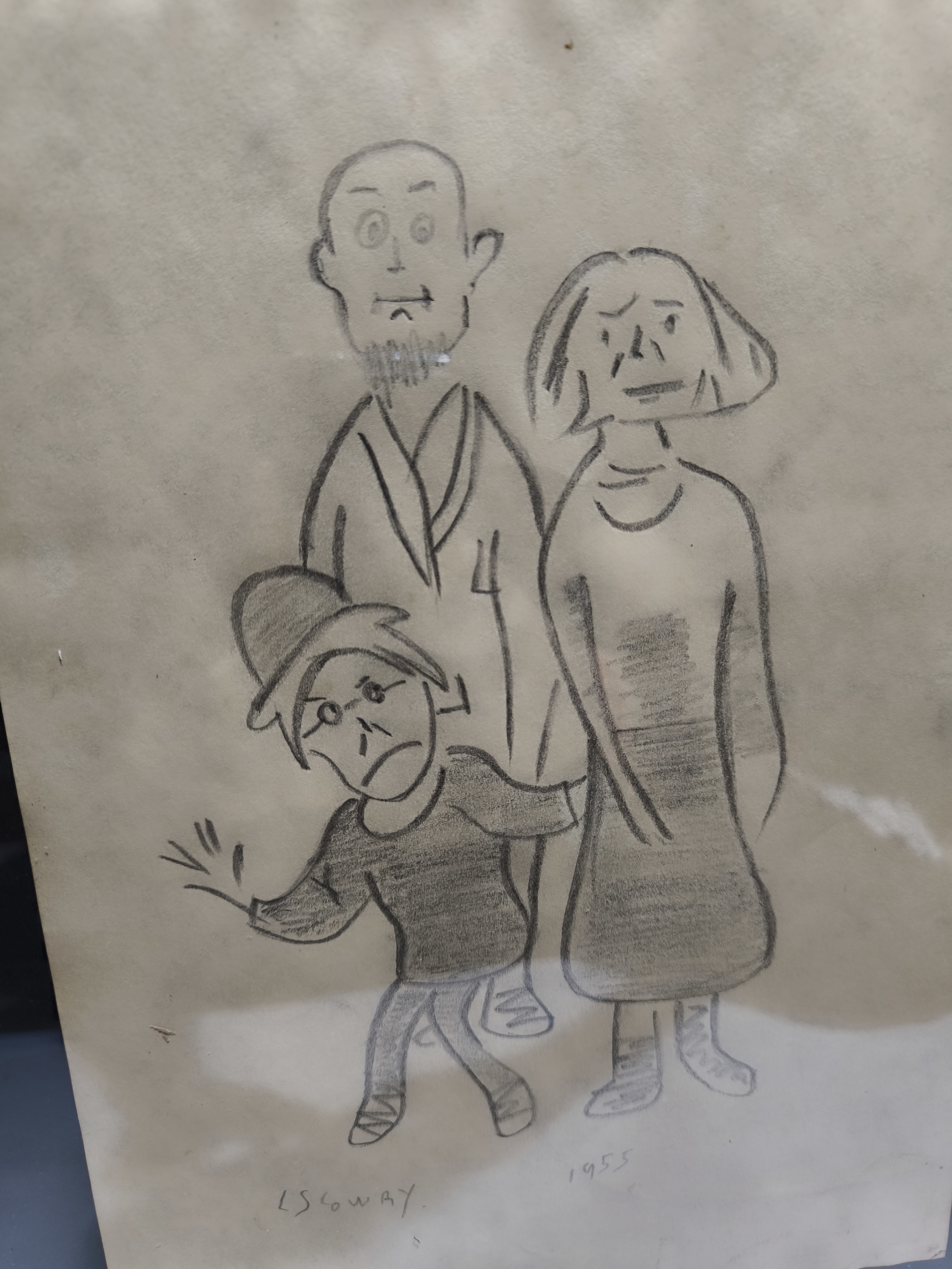 L. S. Lowry (attr) 1955 "A Family" Signed Pencil Drawing on Paper Framed