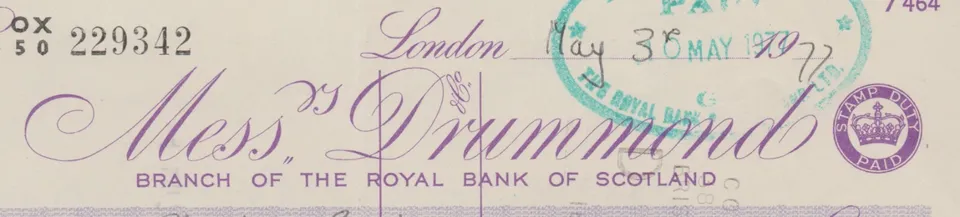 Royalty Queen Mother signed cheque May 1977 Elizabeth R on Messrs Drummond Royal Bank of Scotland
