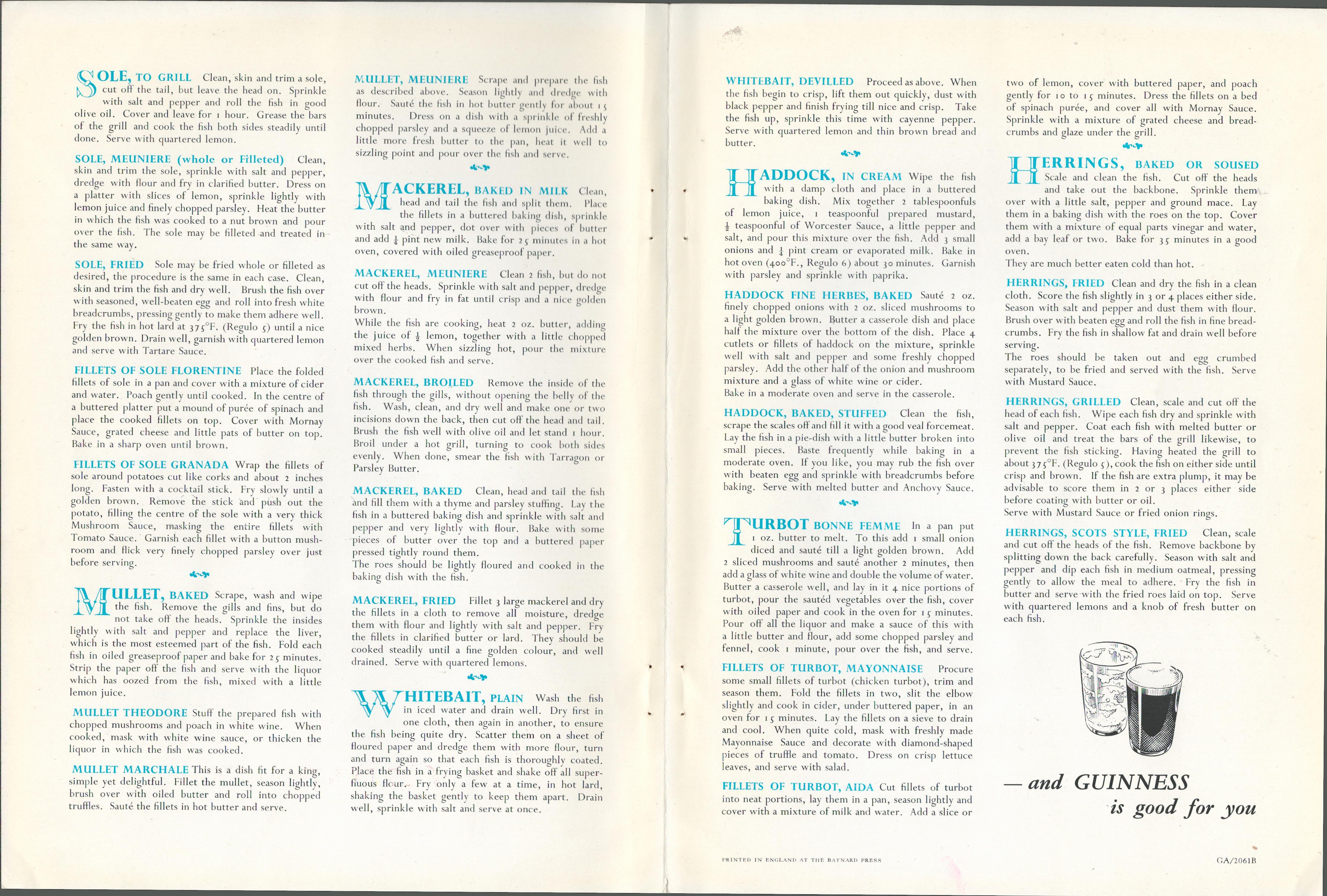 Double Sided Vintage 1961 Guinness Print "Sea Fish Recipes"Double Sided 1961 Guinness