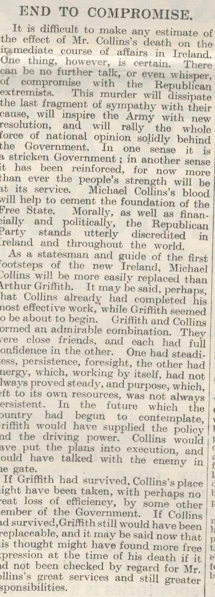 Michael Collins Shot Dead Ambushed By Ira Rebels 1922 NewspaperOriginal Complete Edition Of The