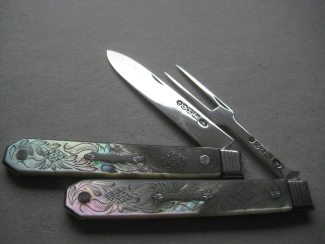 Victorian Matching Mother of Pearl Hafted Silver Bladed Folding Fruit Knife and Folding Fork