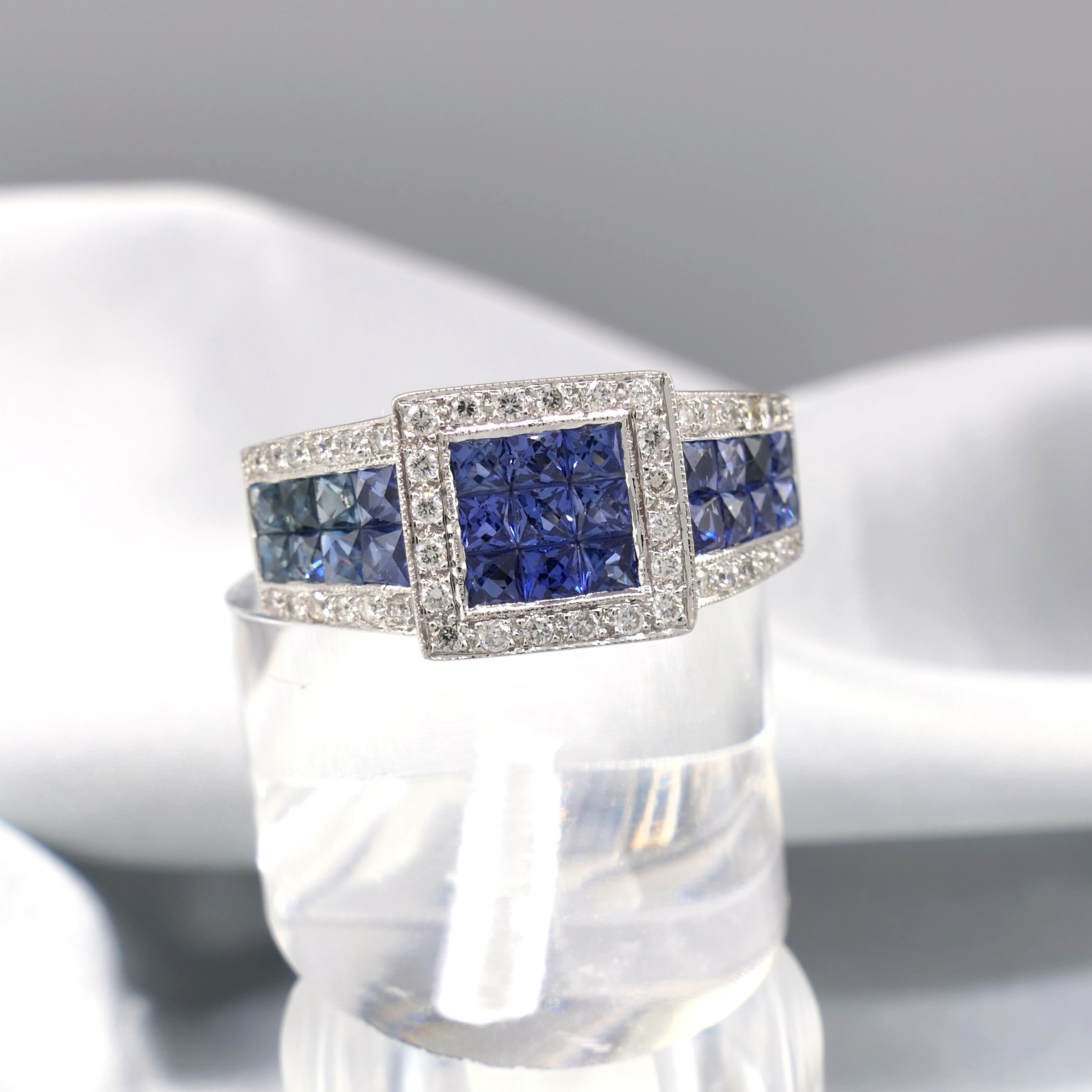 Art Deco-Style 18ct White Gold Calibre-Cut Sapphire and Round Brilliant-Cut Diamond Ring