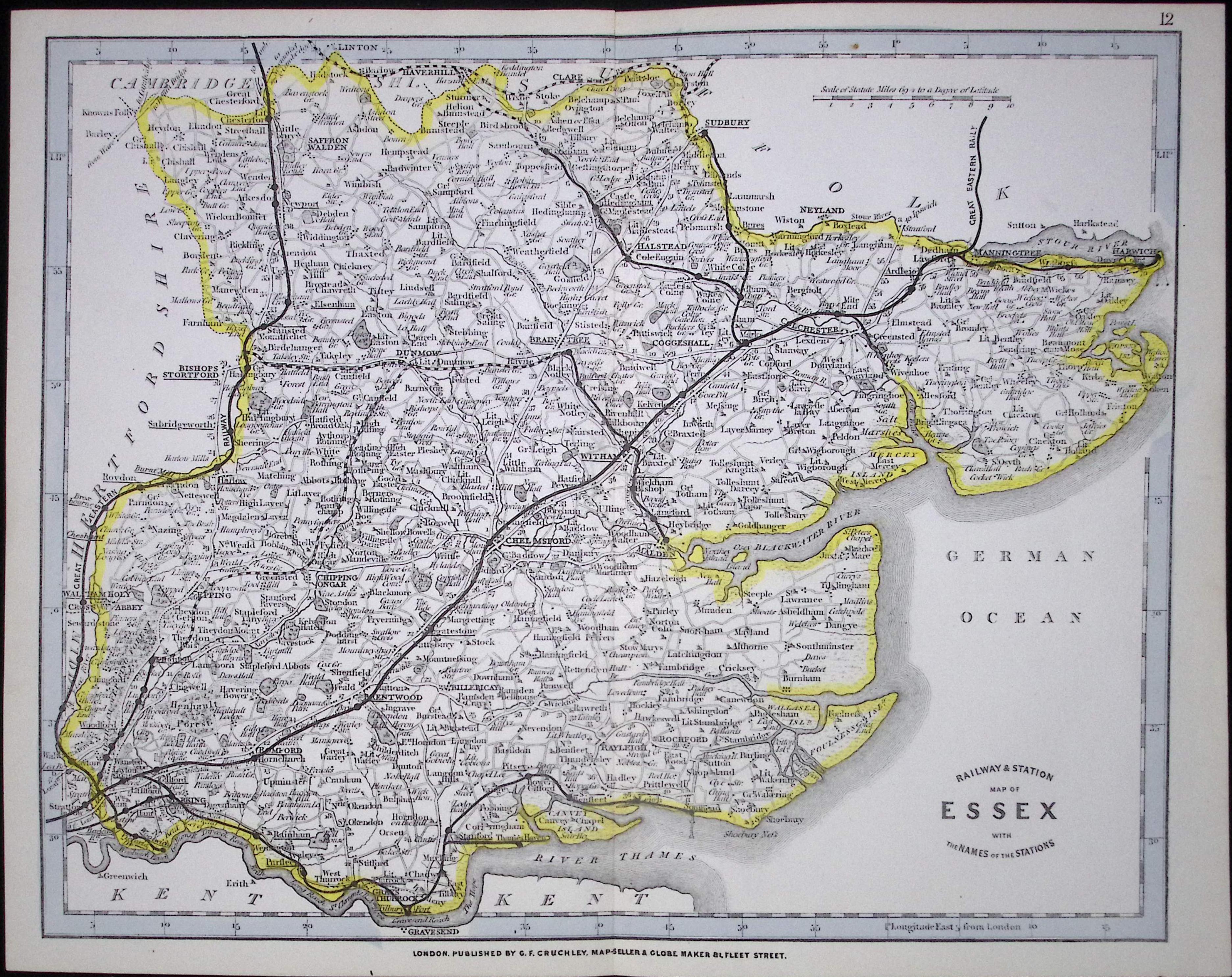 County Essex Cruchley Scarce Antique Railways & Stations Coloured Map.