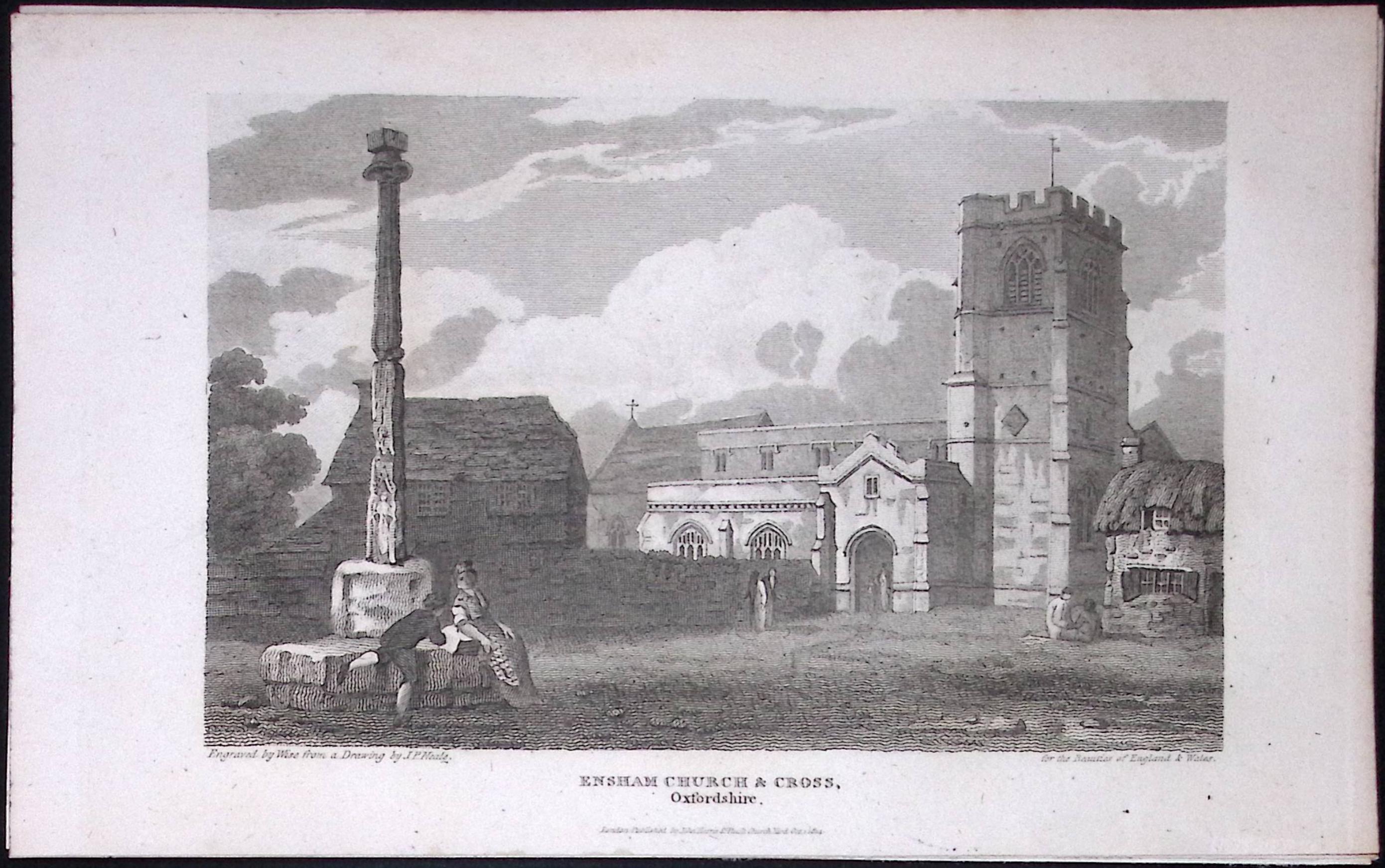 Ensham Church & Cross Oxfordshire Antique 212 Years-Old Steel-Engraving-57