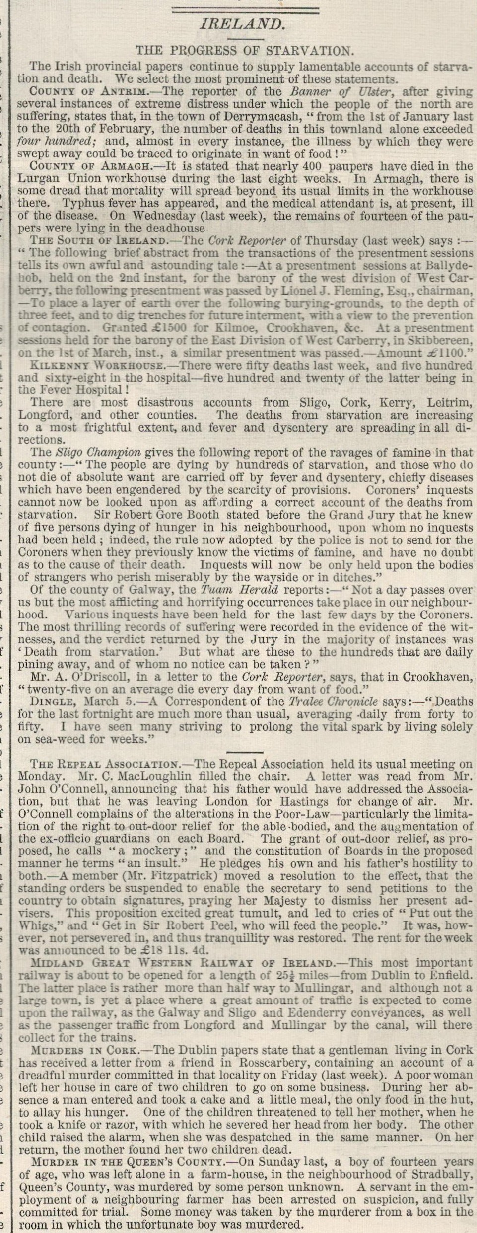 Irish Famine 1847 Antique Newspaper Central Soup Kitchen CorkOriginal Antique Complete 1847