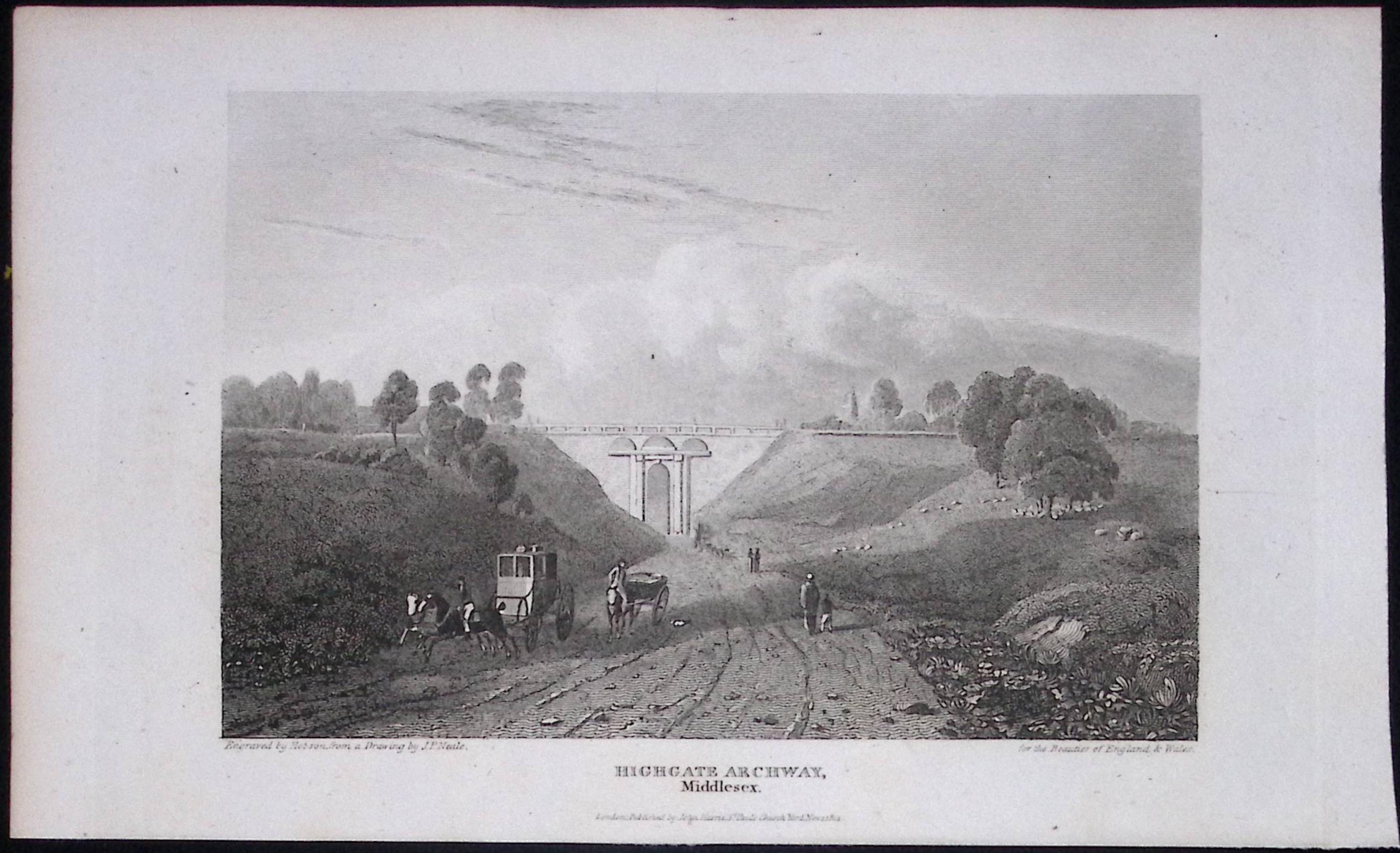 London Highgate Archway Antique 200 Years-Old Steel-Engraving-110