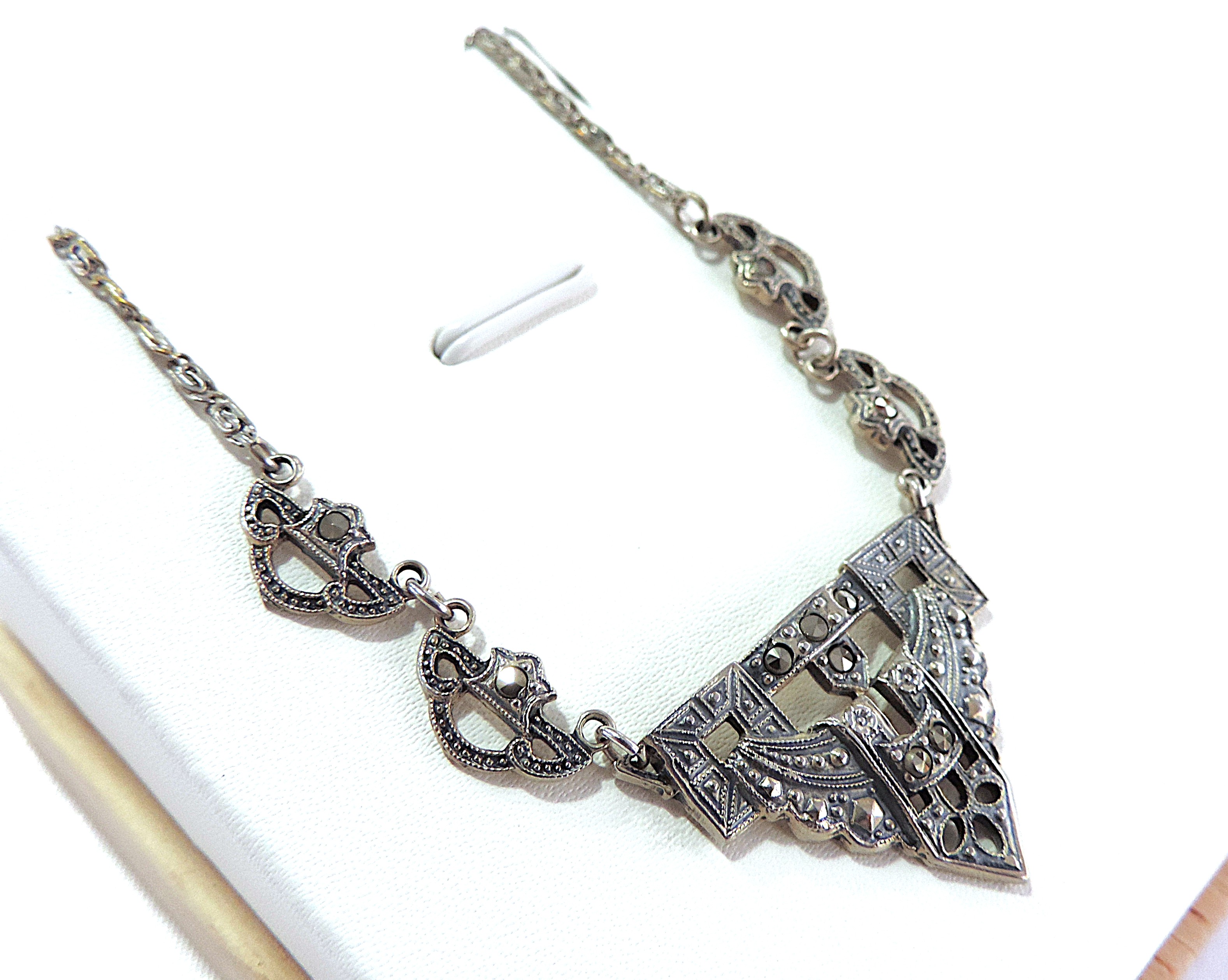 Antique Art Deco 925 Sterling Silver Marcasite Gemstone Necklace