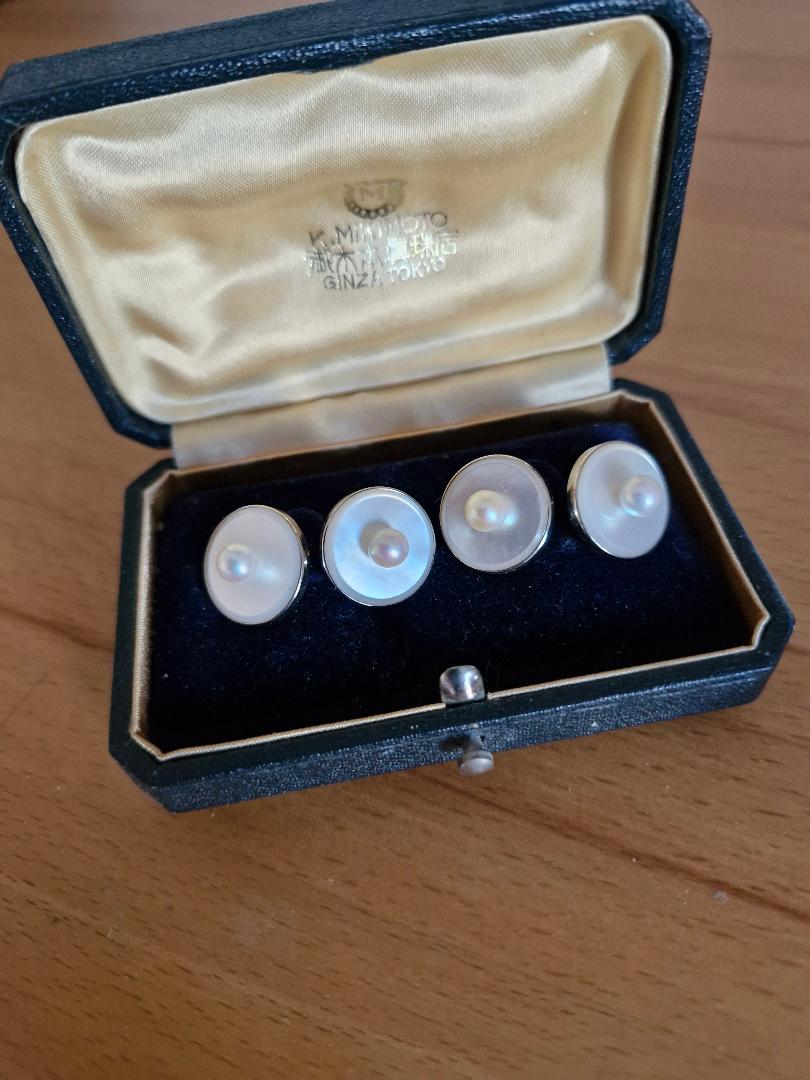 A Rare Pair of Vintage "14k" White Gold Mikimoto Pearl and Mother-of-Pearl Cufflinks